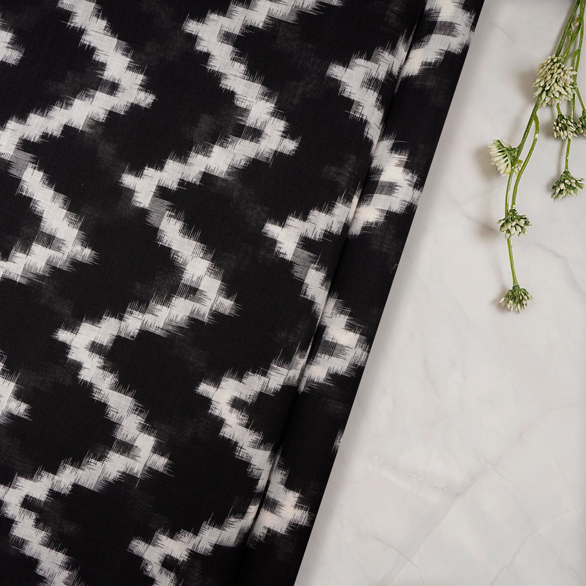 Black-White Handwoven Teliarumal Double Ikat Fine Cotton Fabric