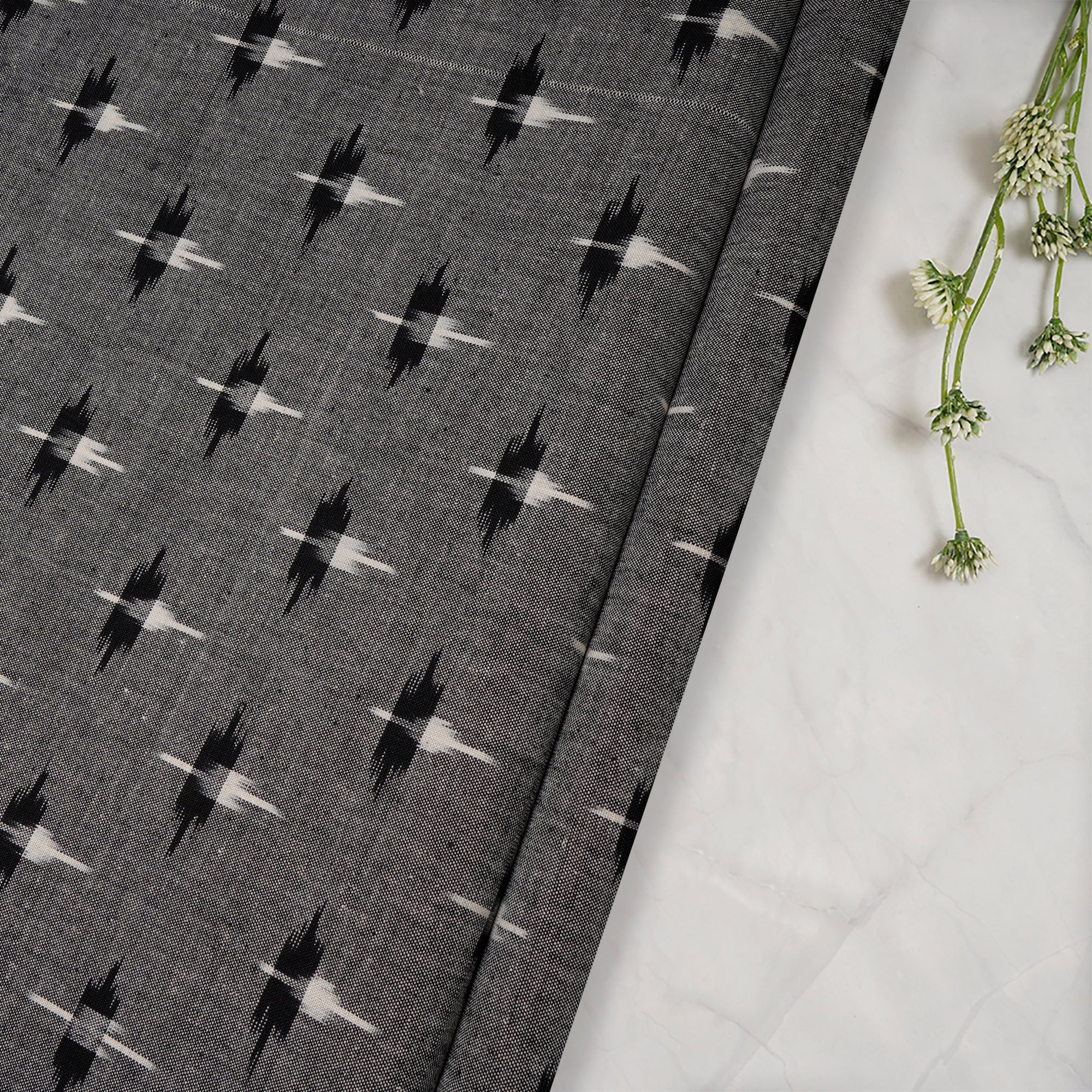 Grey-White Washed Woven Double Ikat Cotton Fabric