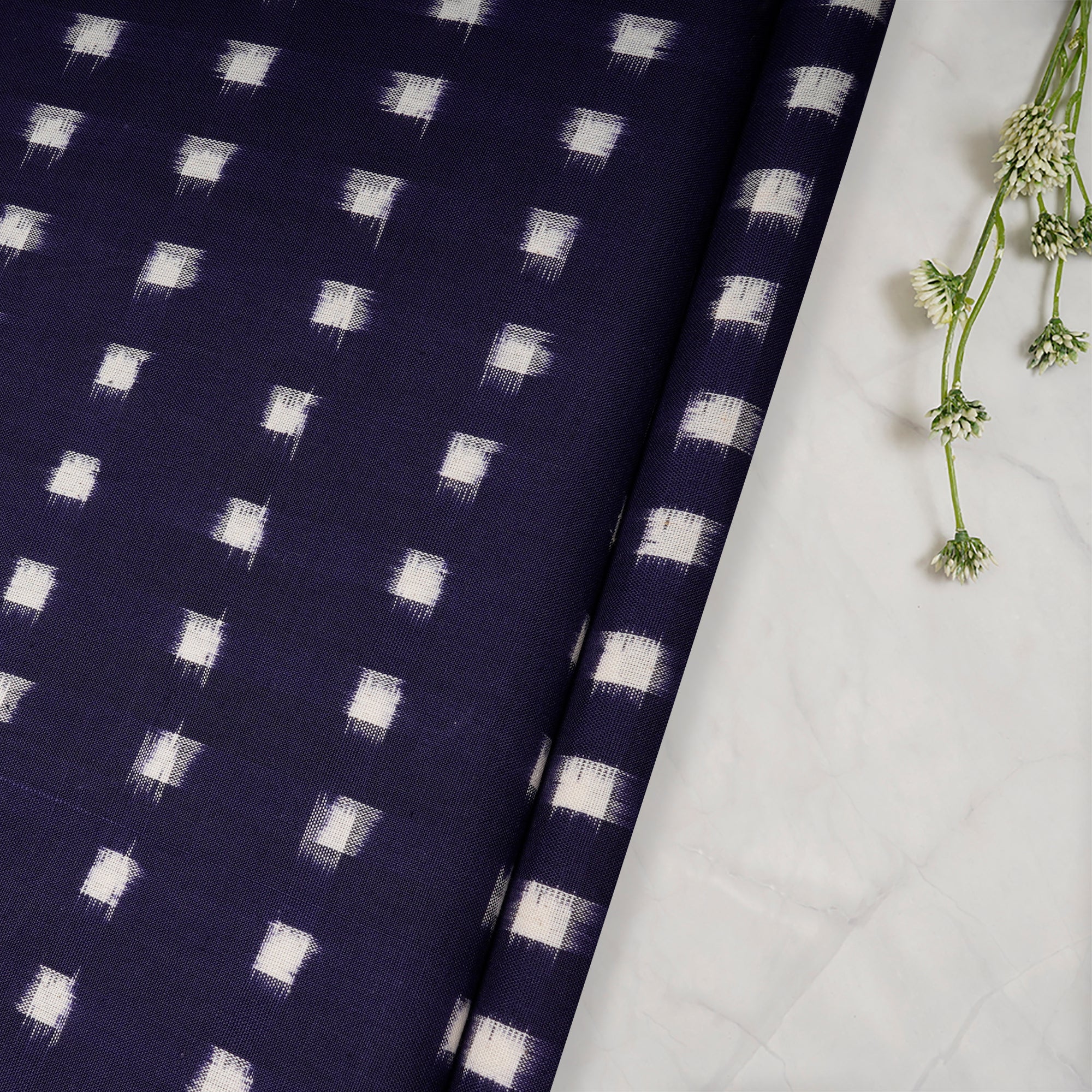 Blue-White Washed Woven Double Ikat Cotton Fabric