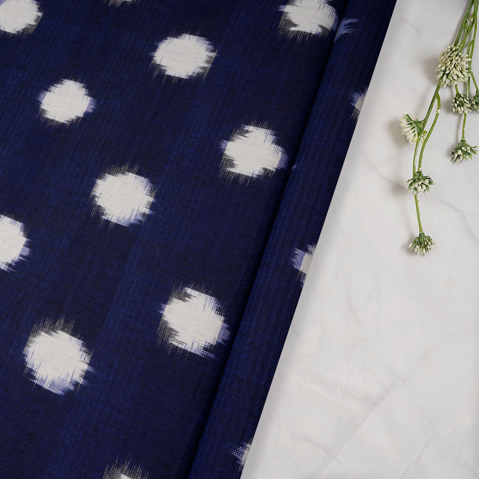 Dark Blue-White Washed Woven Double Ikat Cotton Fabric