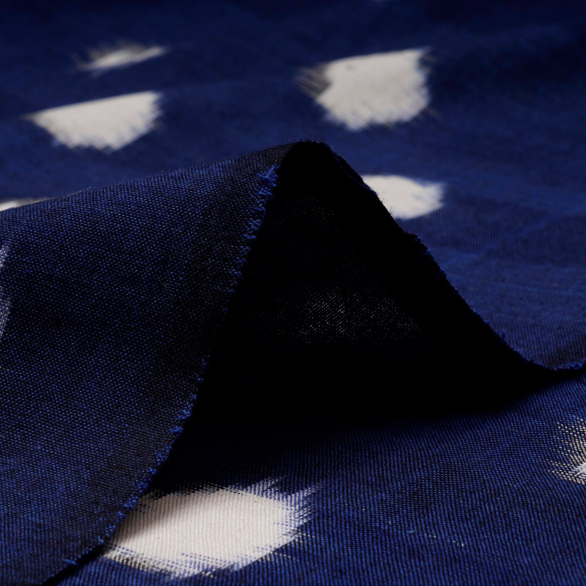 Dark Blue-White Washed Woven Double Ikat Cotton Fabric