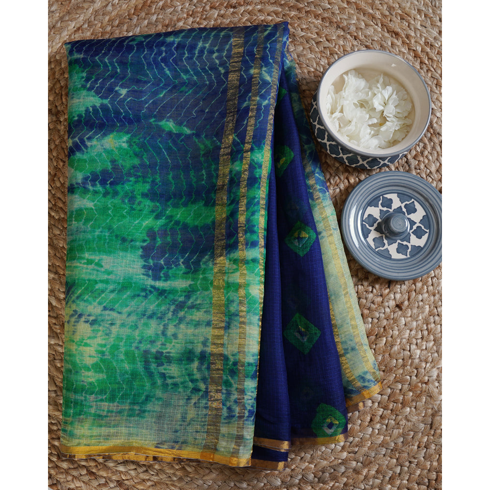 Blue-Green Color Hand Painted kota Silk Saree with Blouse Piece