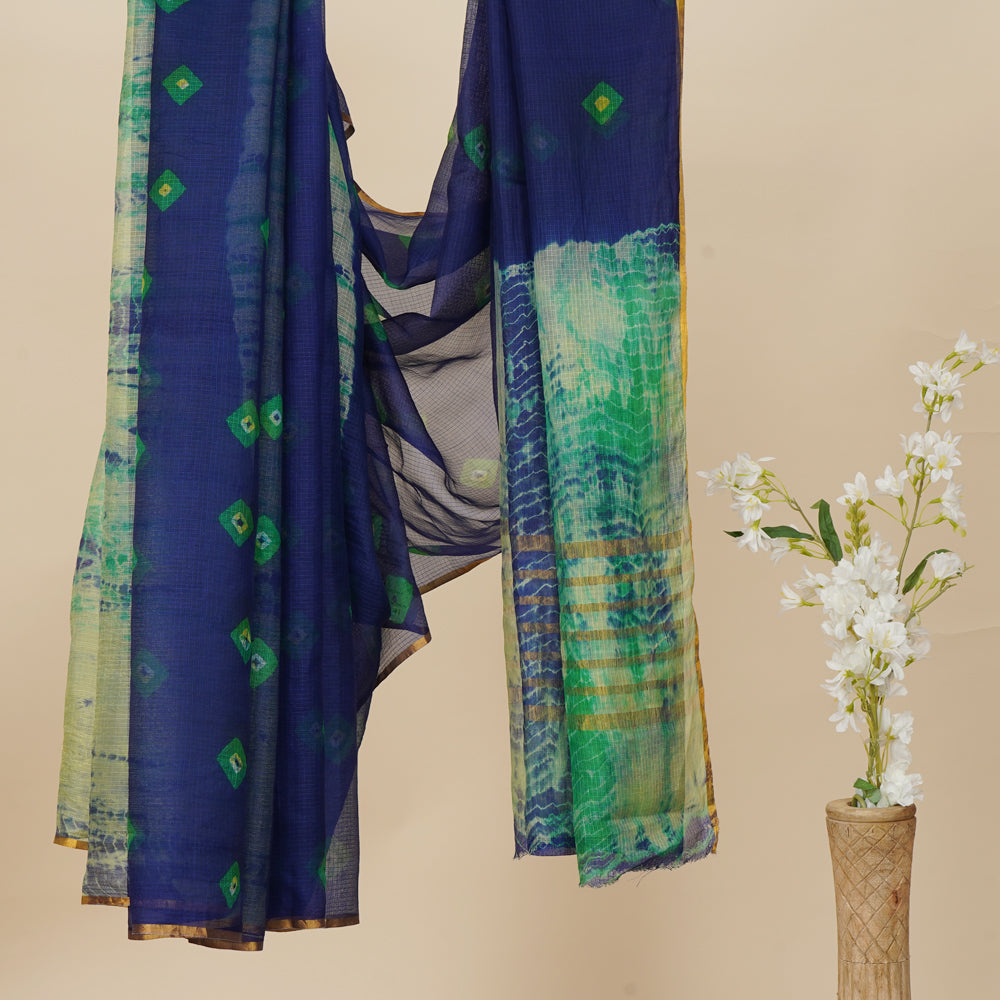 Blue-Green Color Hand Painted kota Silk Saree with Blouse Piece