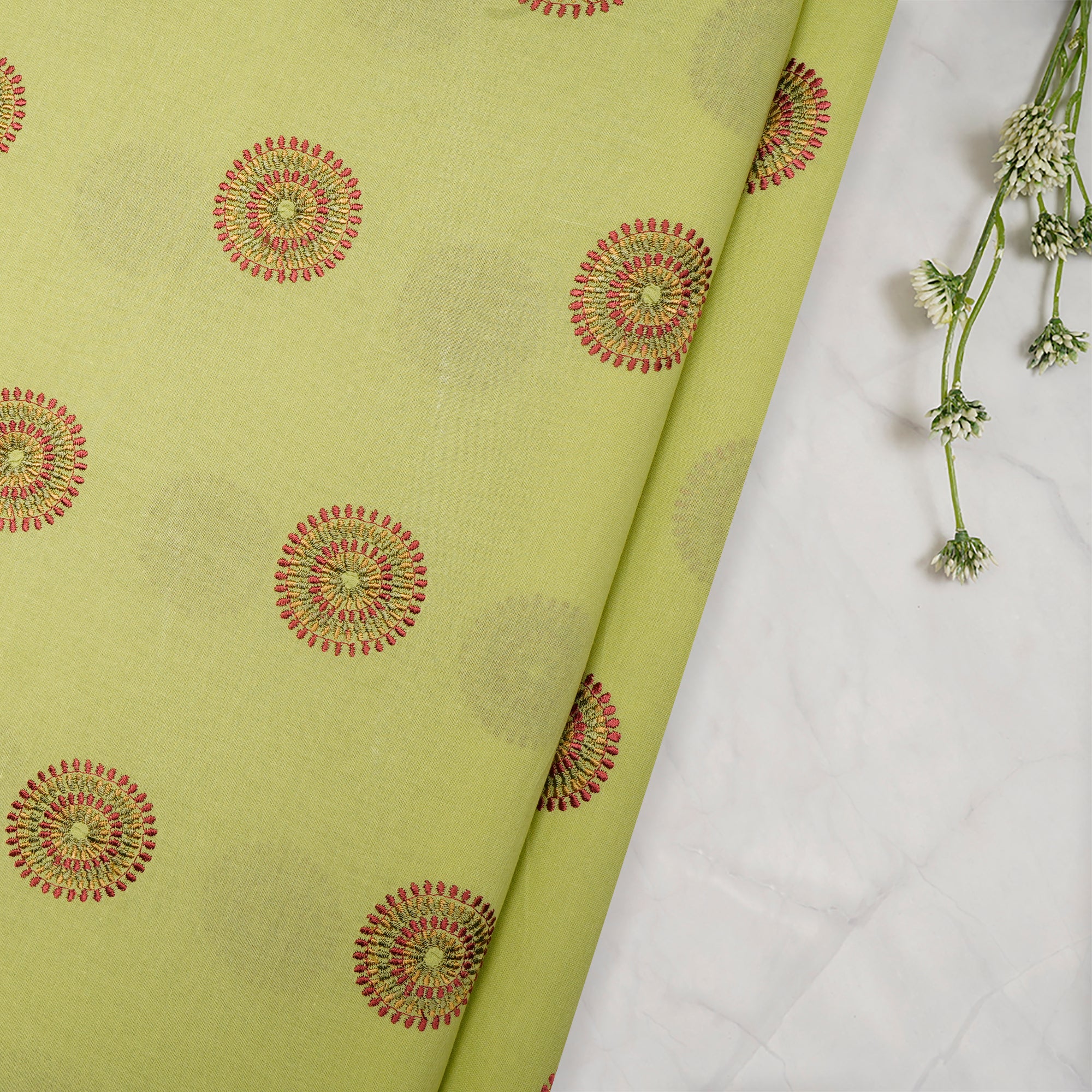 Lime Green Color Embroidered Cotton Voile Fabric