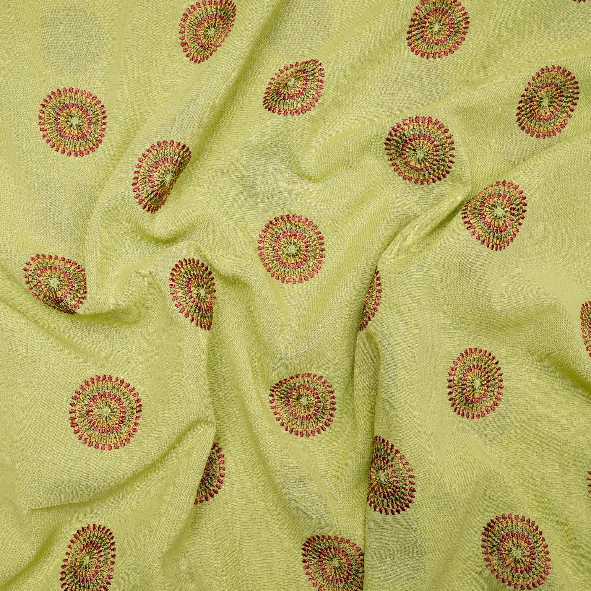 Lime Green Color Embroidered Cotton Voile Fabric