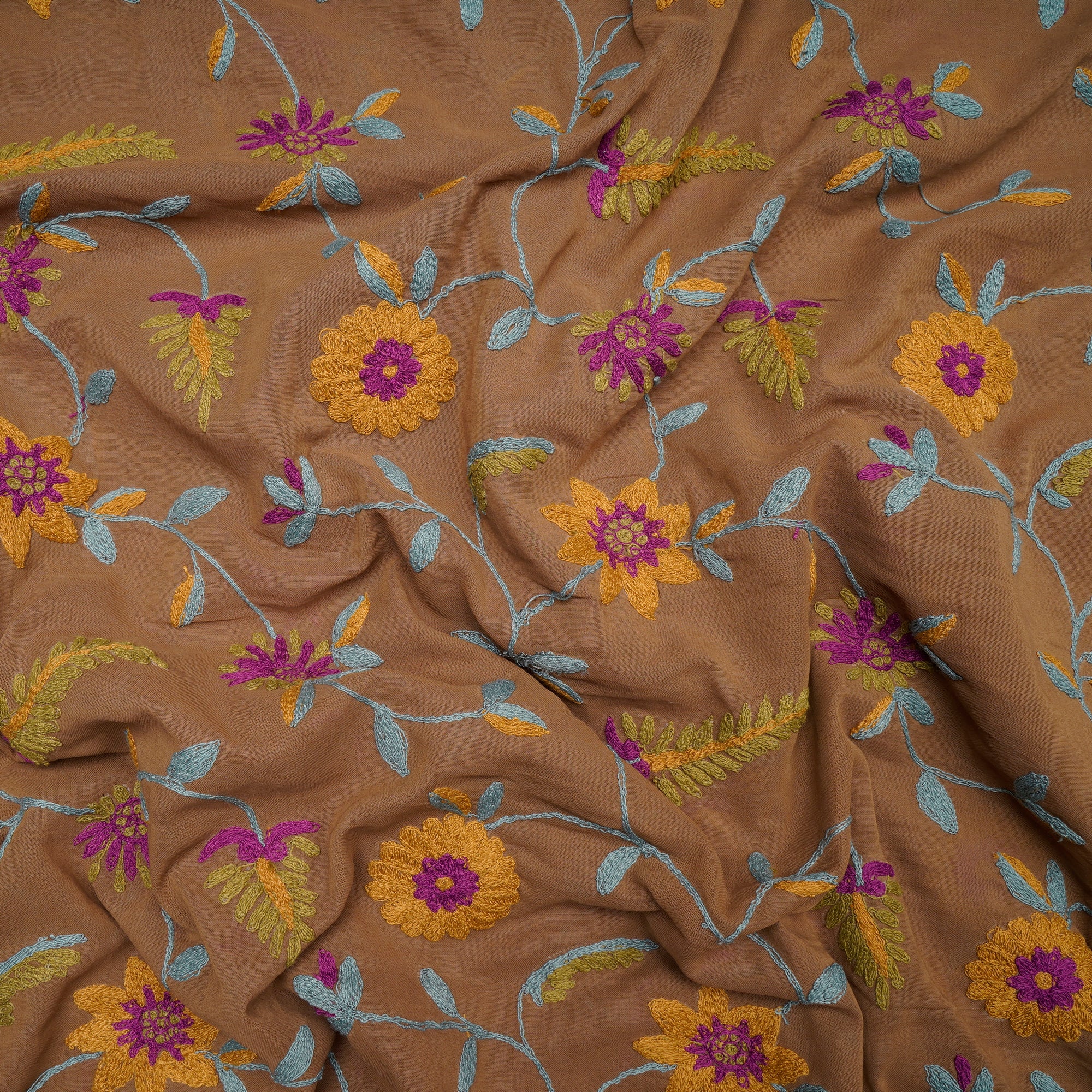 Brown Color Embroidered High Twisted Cotton Voile Fabric