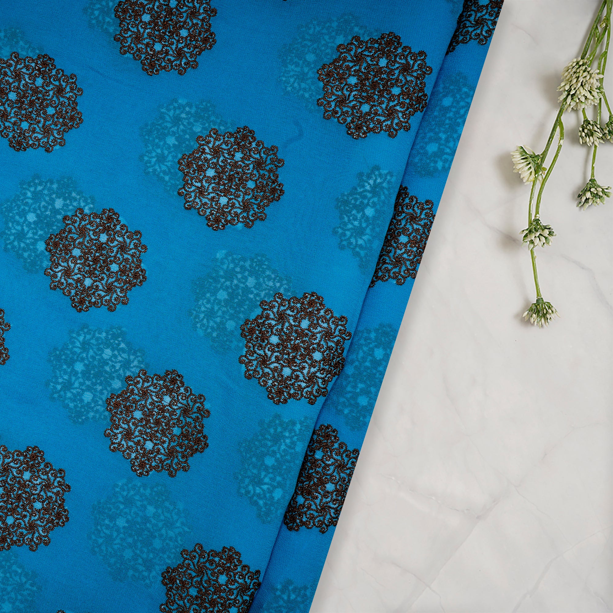 Blue-Black Color Embroidered Georgette Silk Fabric