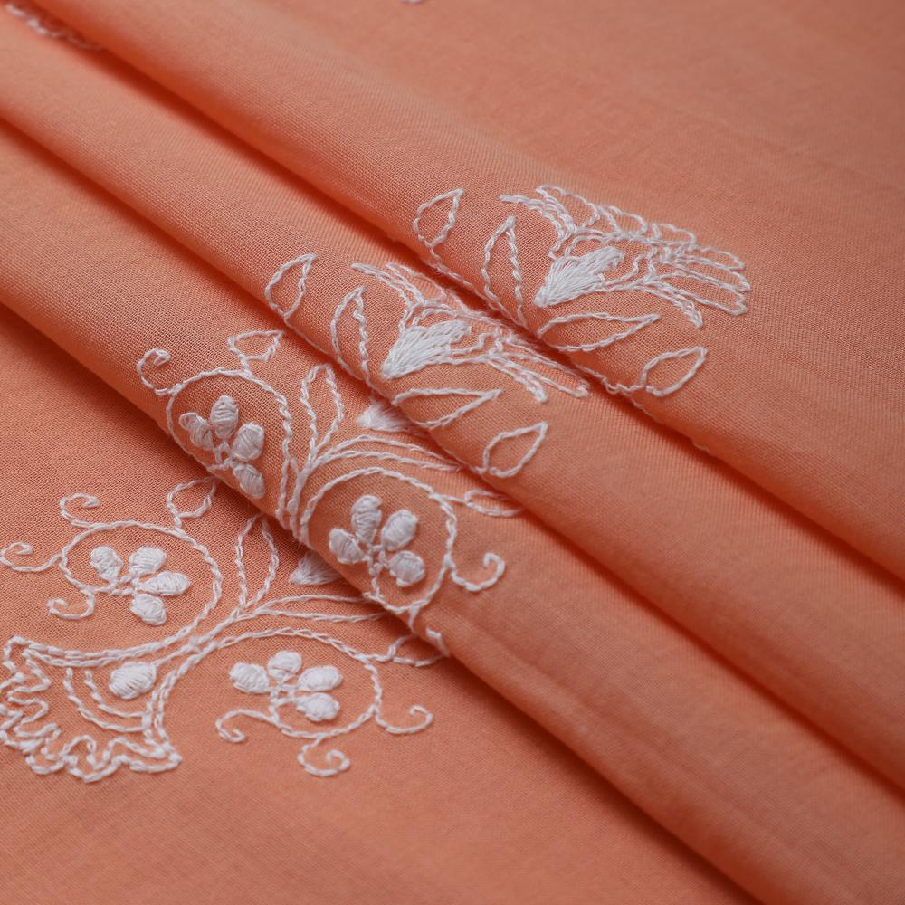 Peach-White Color Embroidered Cotton Voile Fabric