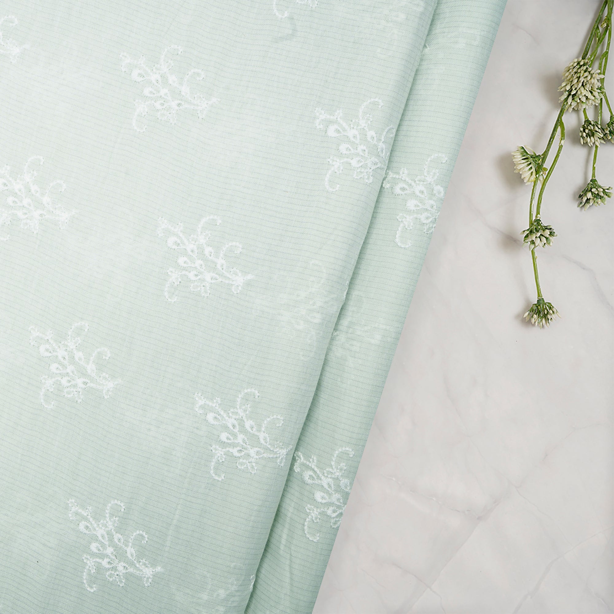 Mint Green Floral Pattern Embroidered Voile Cotton Fabric