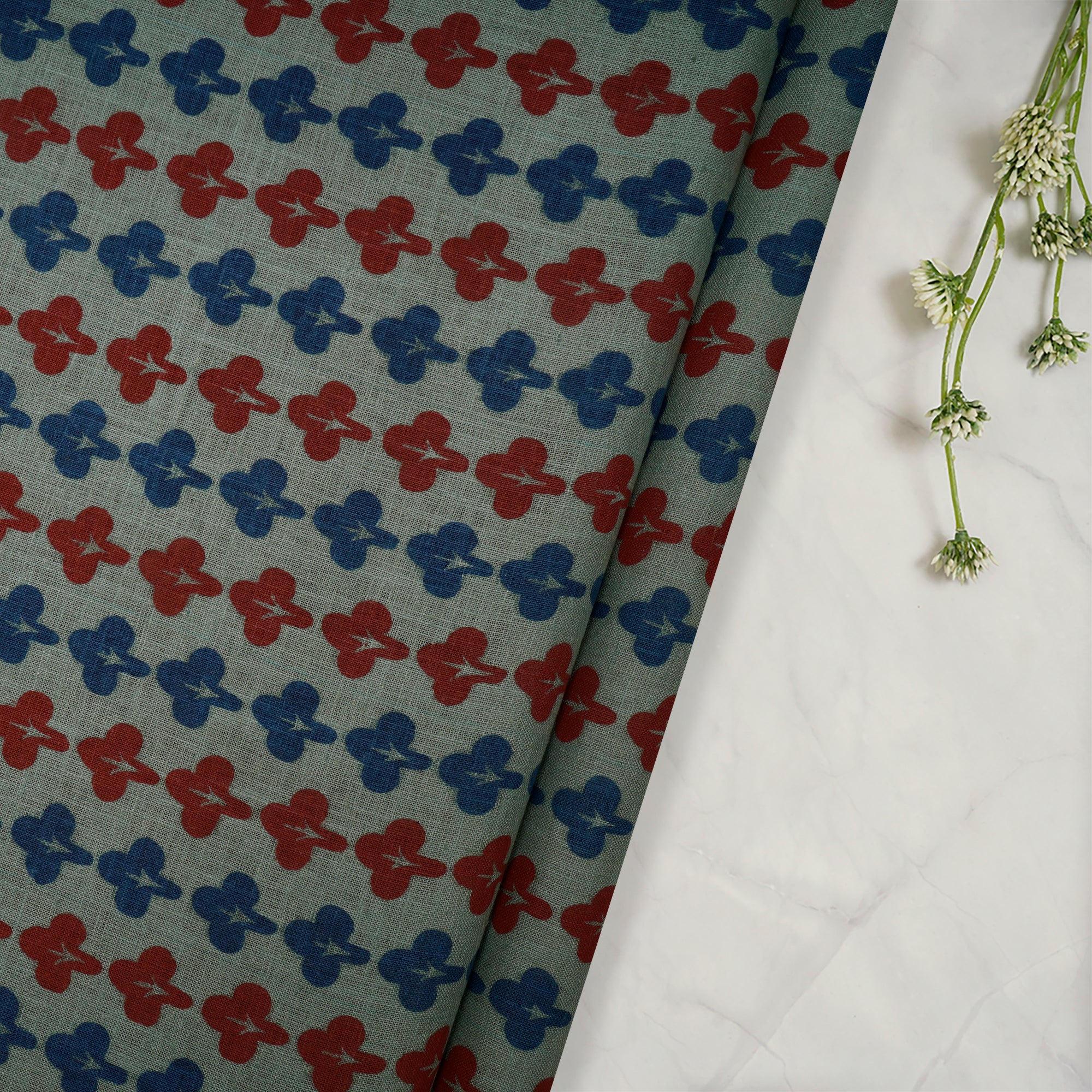 Blue and Red Color Printed Matka Silk Fabric