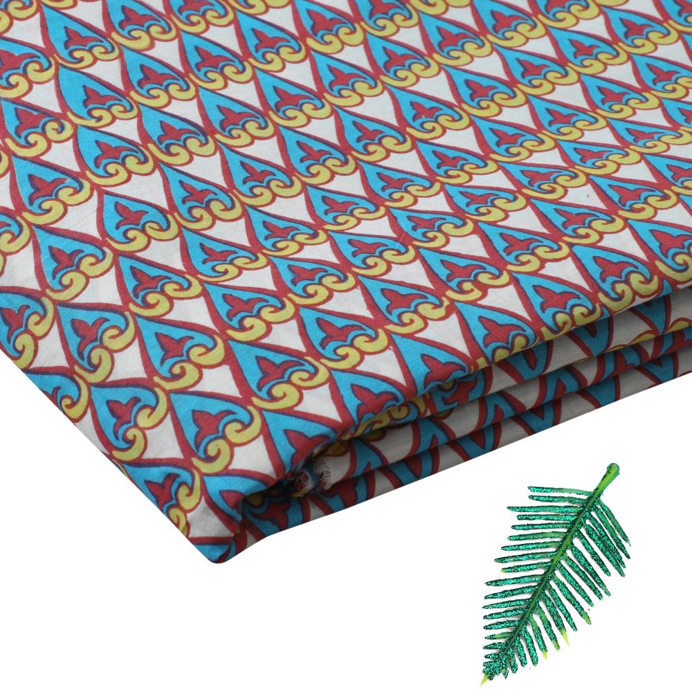 Blue-Yellow Color Printed Silk Cotton Fabric