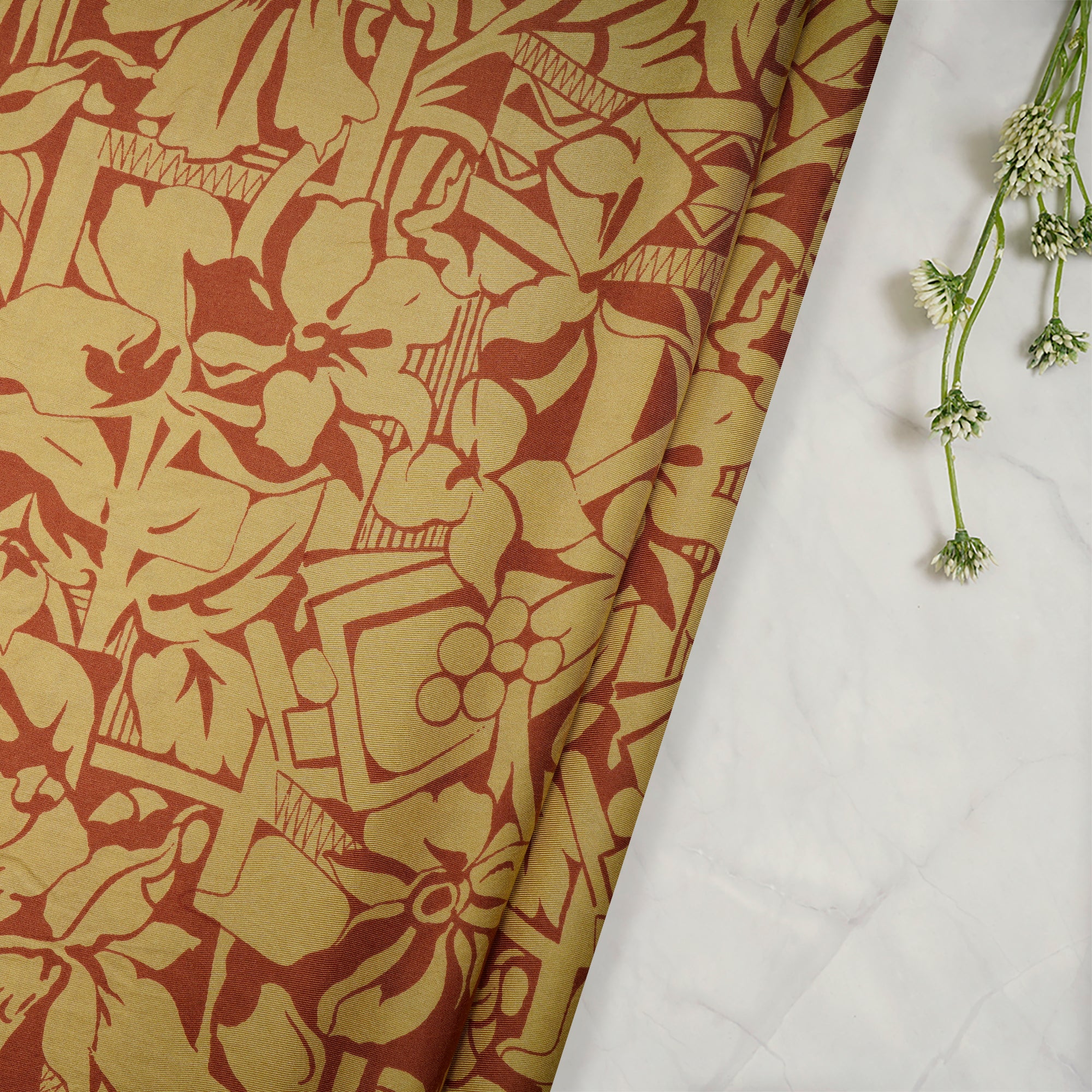 Tuscan Sun-Brown Color Printed Twill Silk Fabric