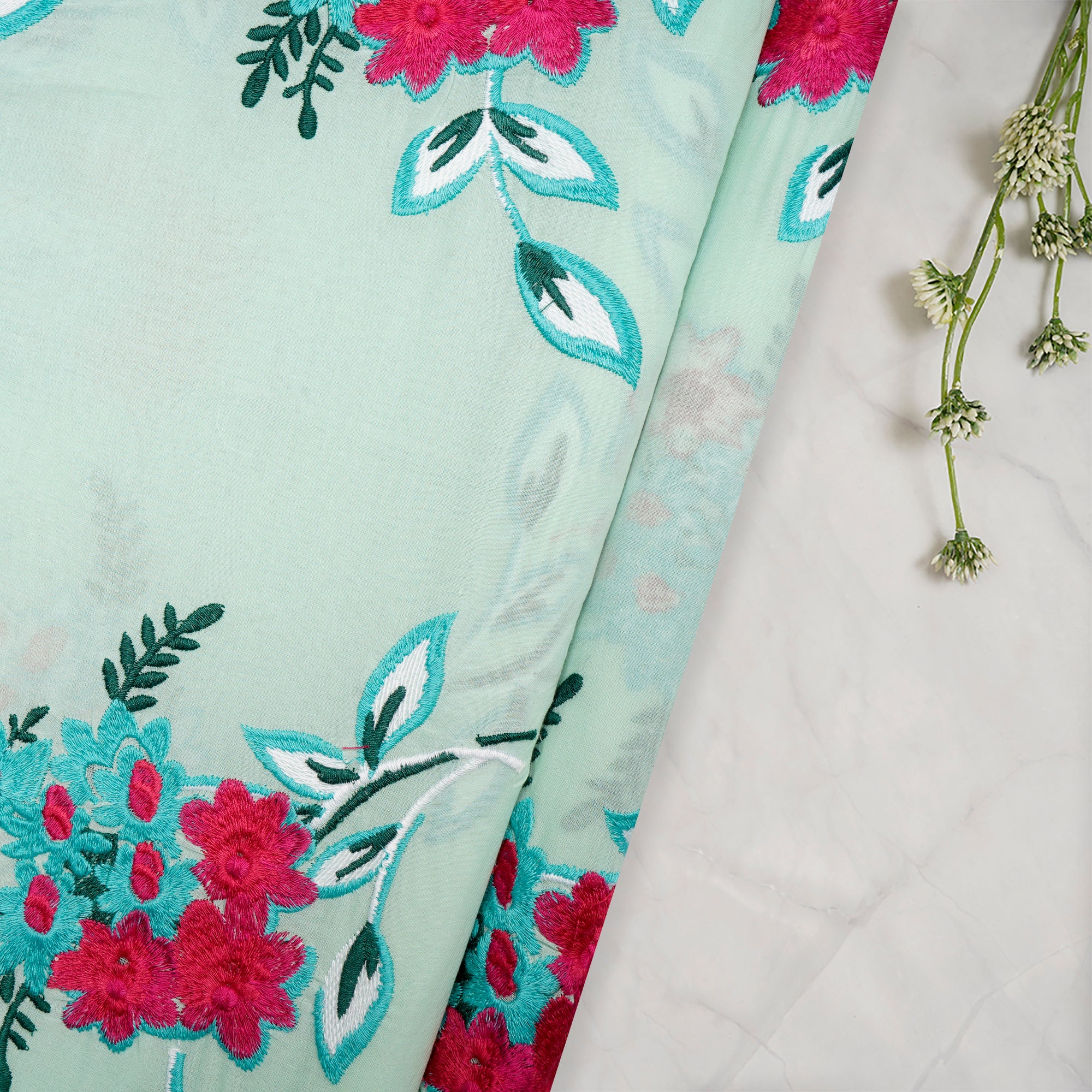 Mint Green Color Embroidered Cotton Voile Fabric