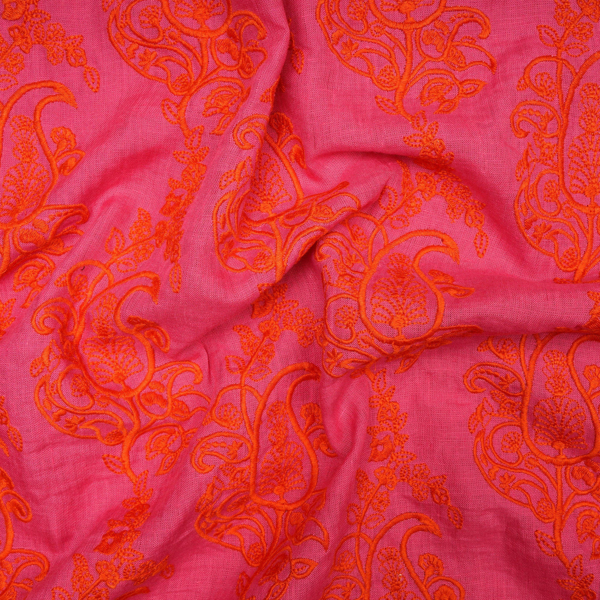 Pink Color Embroidered Linen Flax Fabric