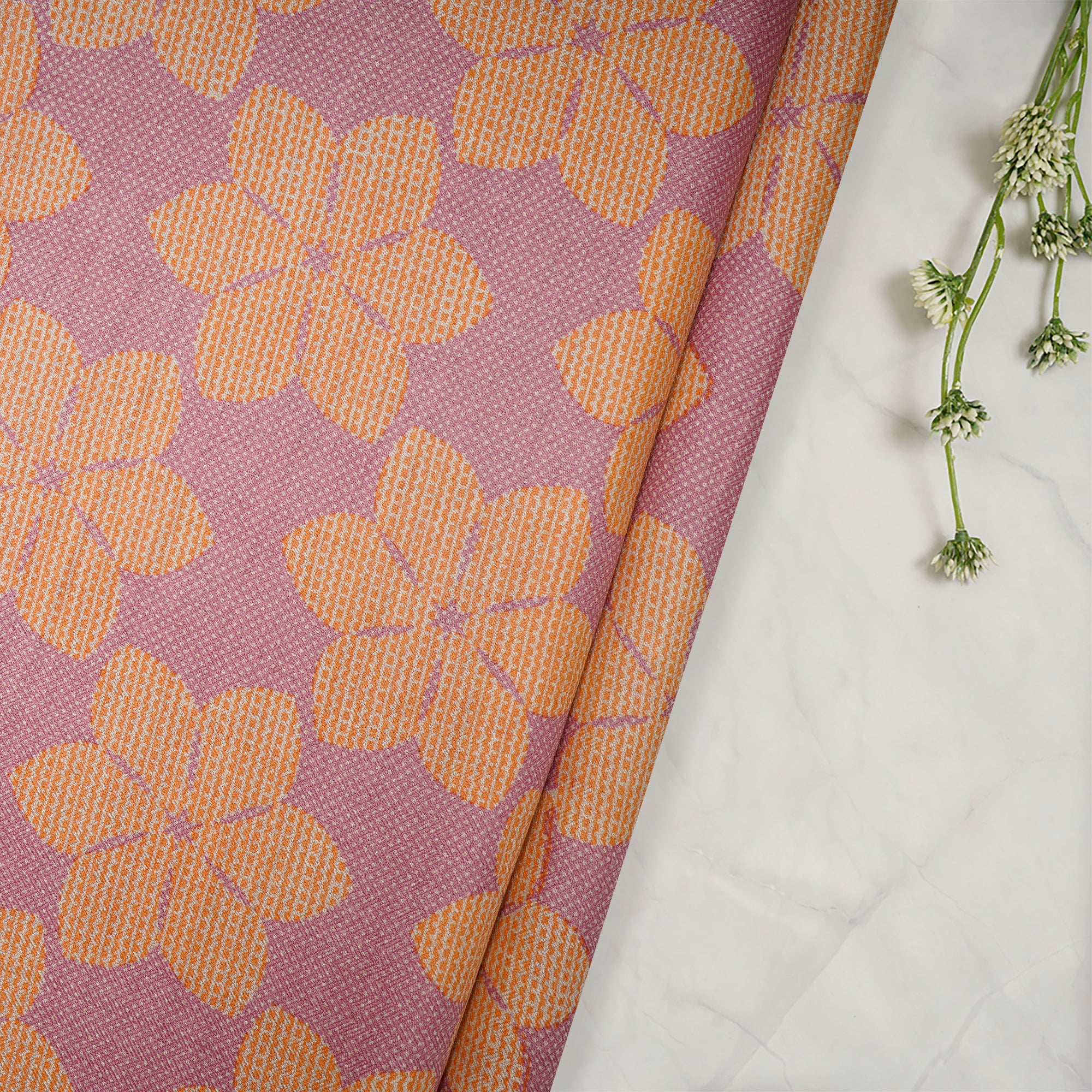 Pink-Orange Color Printed Pashmina Silk Fabric