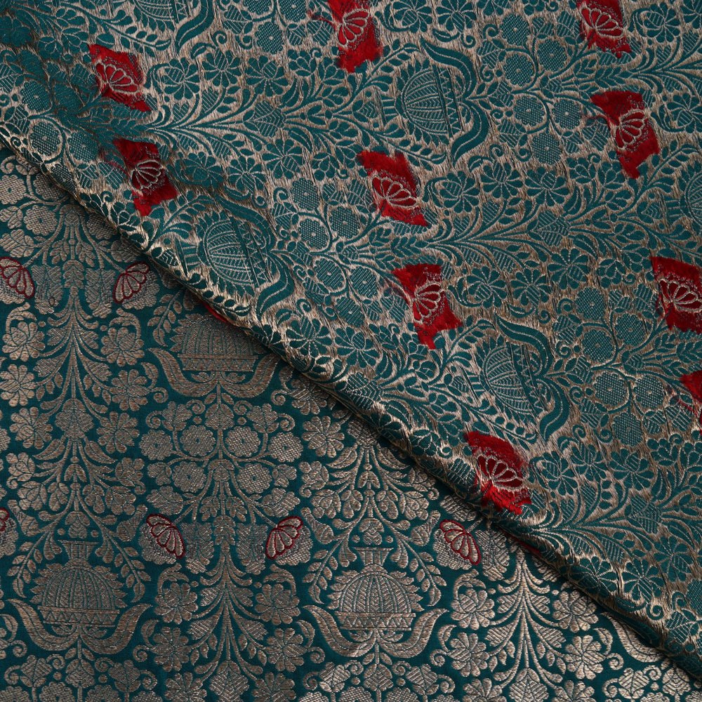 Dark Teal Blue Color Handwoven Brocade Fabric