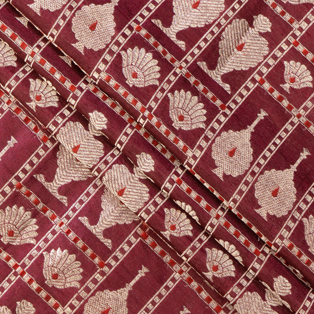 Maroon Color Handwoven Brocade Silk Fabric