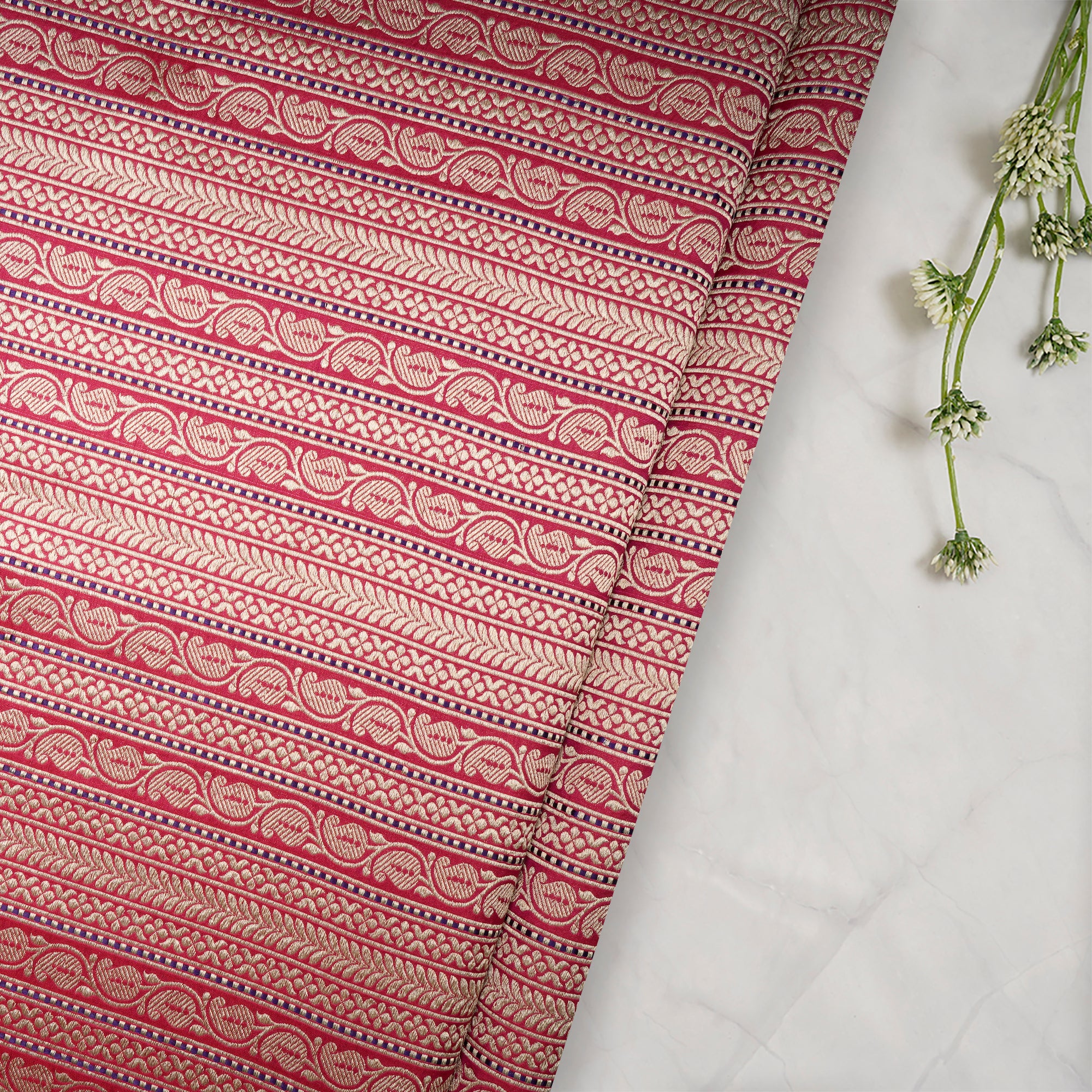 Dark Pink Handwoven Premium Banarasi Meenakari Brocade Silk Fabric