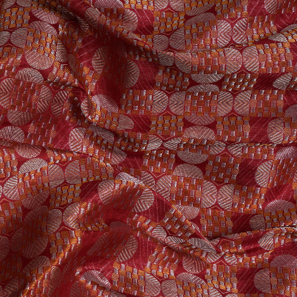 Red Color Handwoven Brocade Silk Fabric with Silver Zari