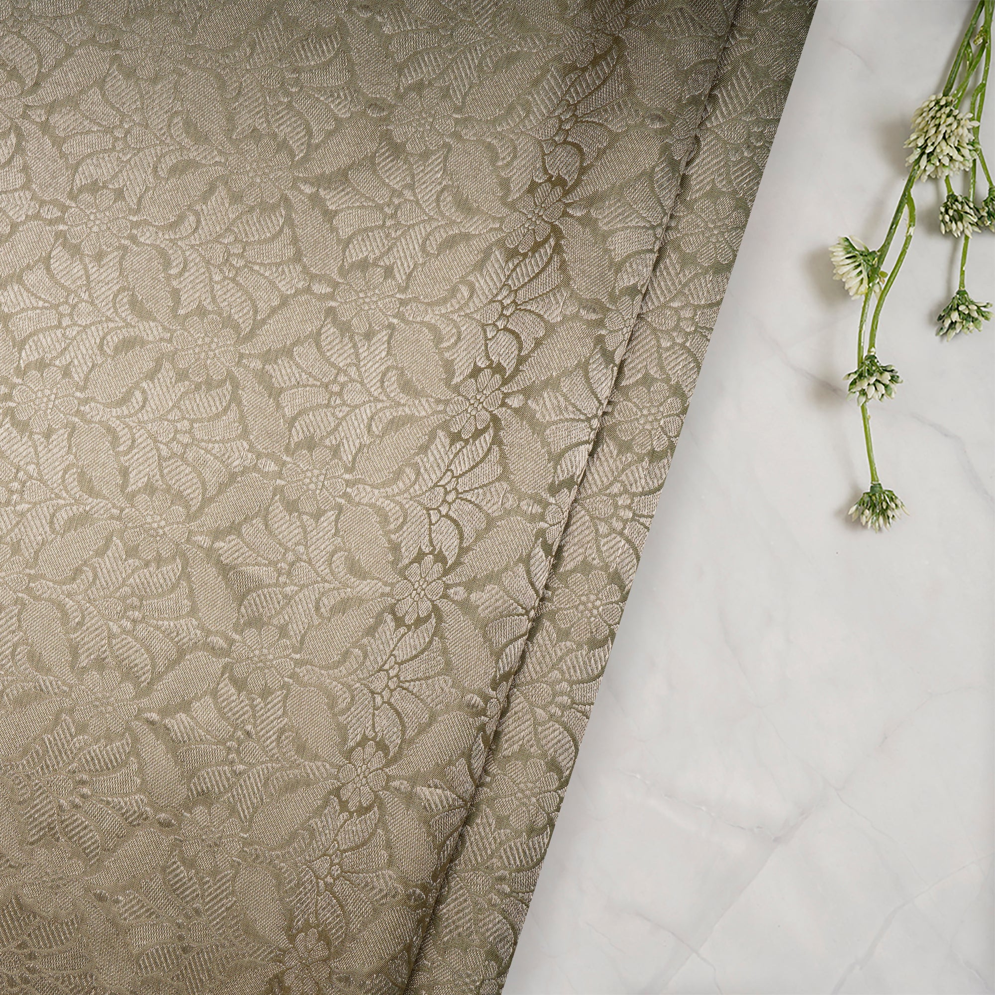 Pale Olive Green Handwoven Premium Banarasi Brocade Silk Fabric
