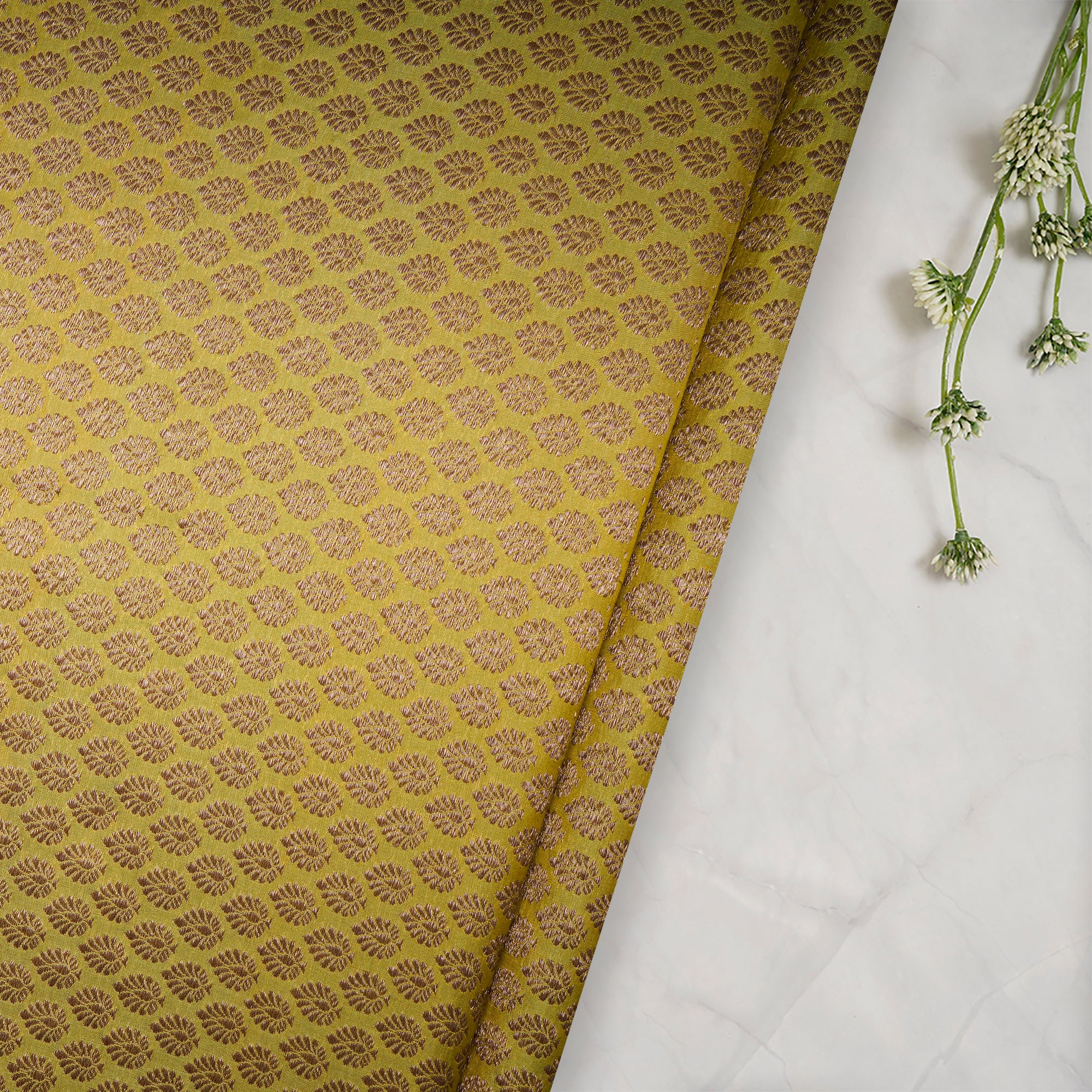 Oil Yelow Handwoven Premium Banarasi Brocade Silk Fabric