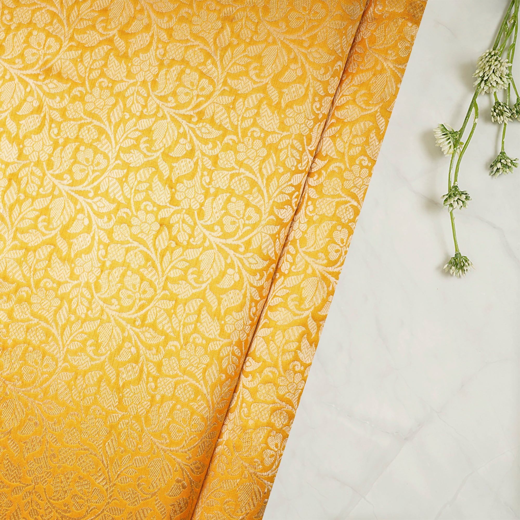 Cadmium Yellow All Over Pattern Handwoven Premium Banarasi Brocade Silk Fabric