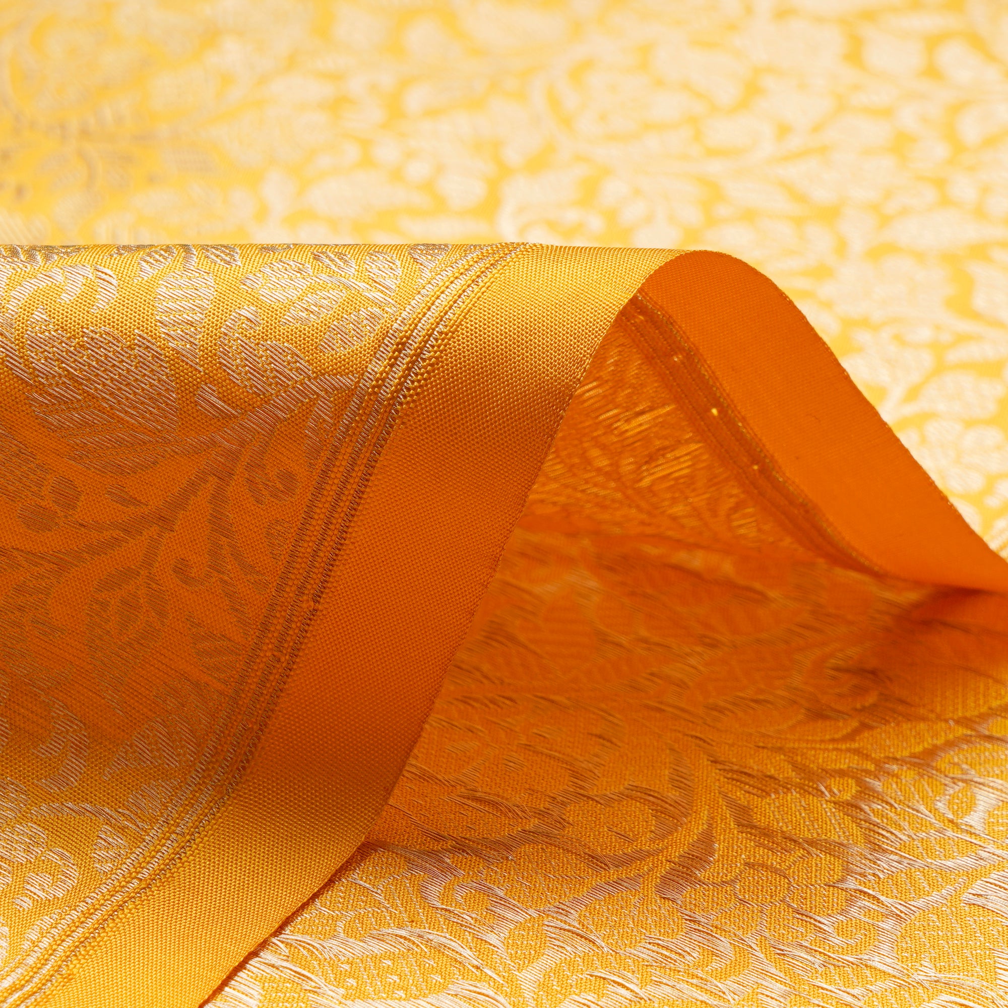 Cadmium Yellow All Over Pattern Handwoven Premium Banarasi Brocade Silk Fabric