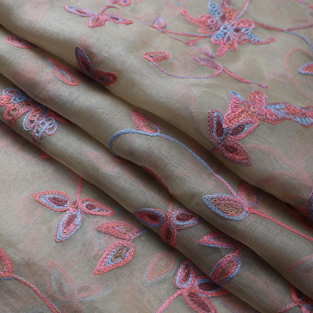 Beige Color Embroidered Organza Silk Fabric