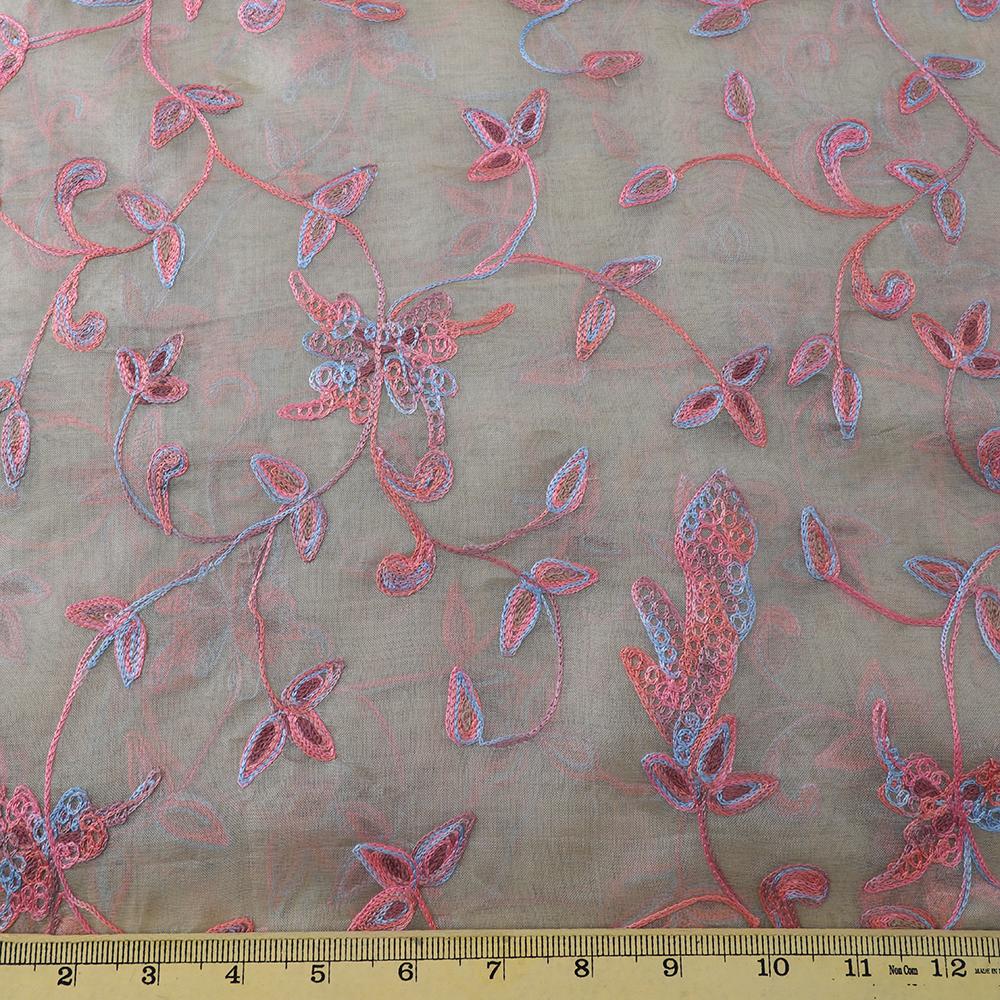 Beige Color Embroidered Organza Silk Fabric