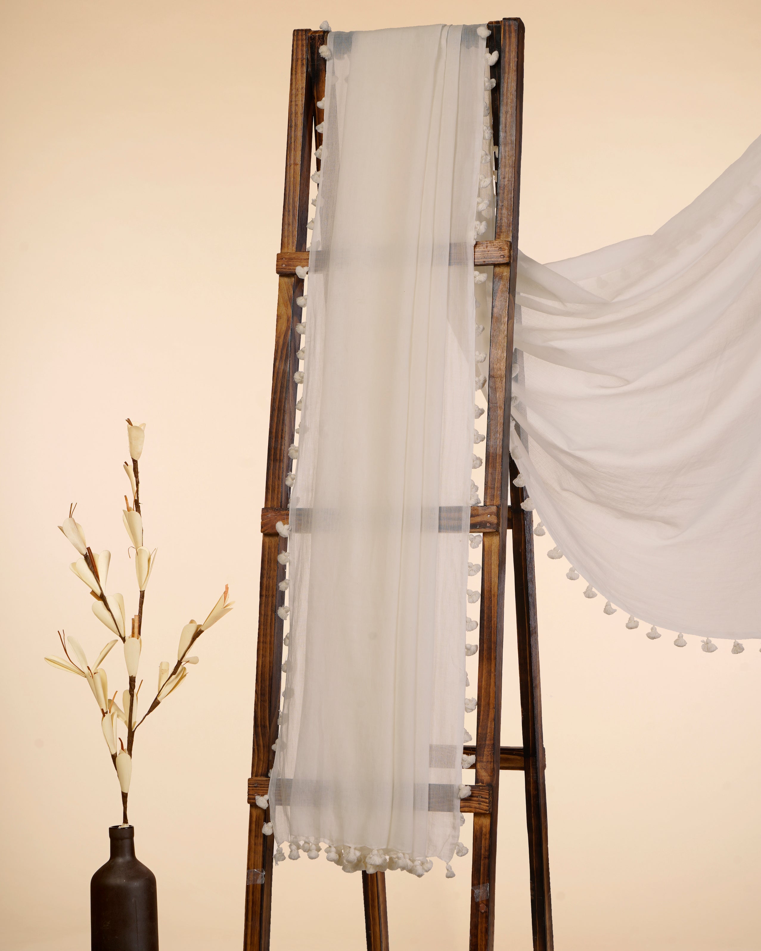 White Color Muslin Cotton Dupatta with Tassels