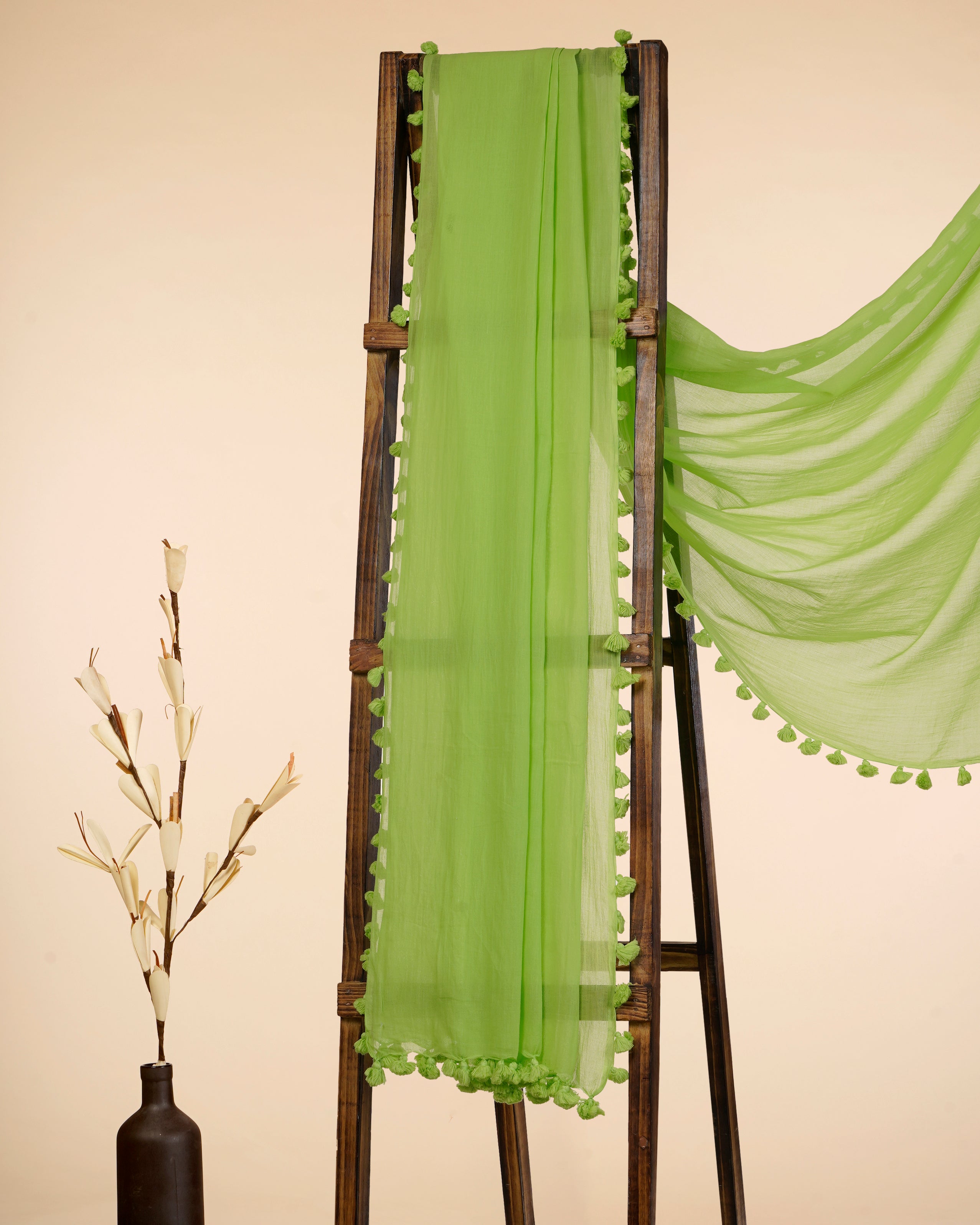 Parrot Green Color Muslin Cotton Dupatta with Tassels