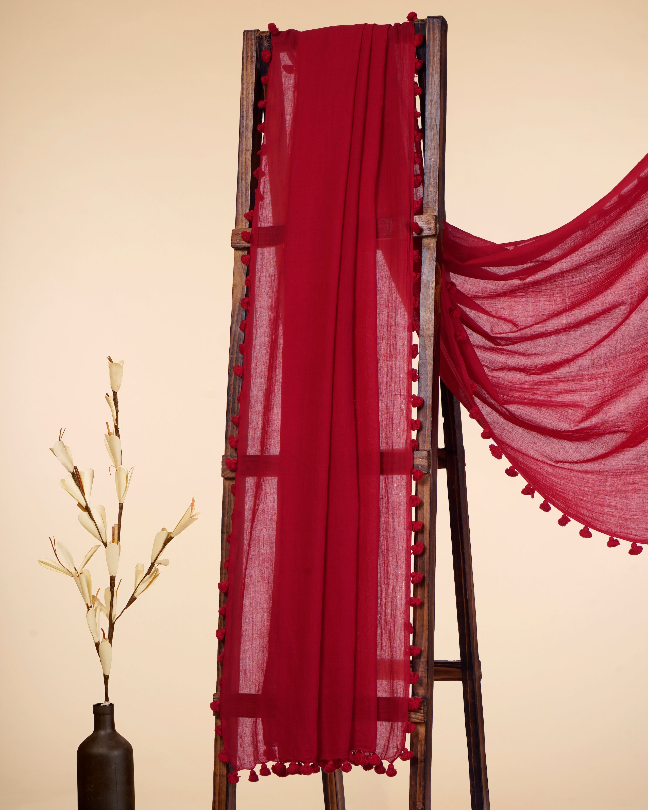Red Color Cotton Dupatta With Tassels