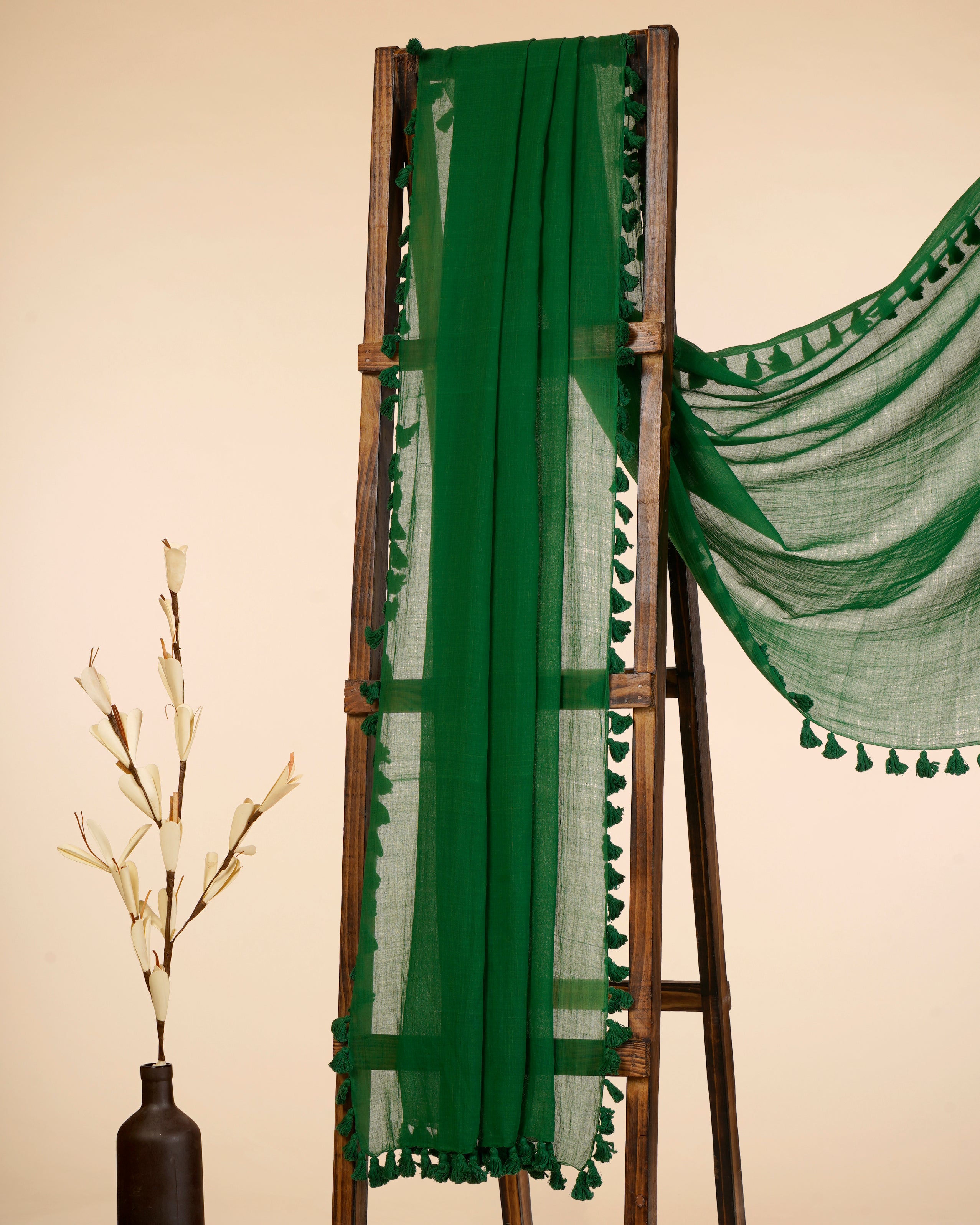 Green Color Cotton Dupatta With Tassels