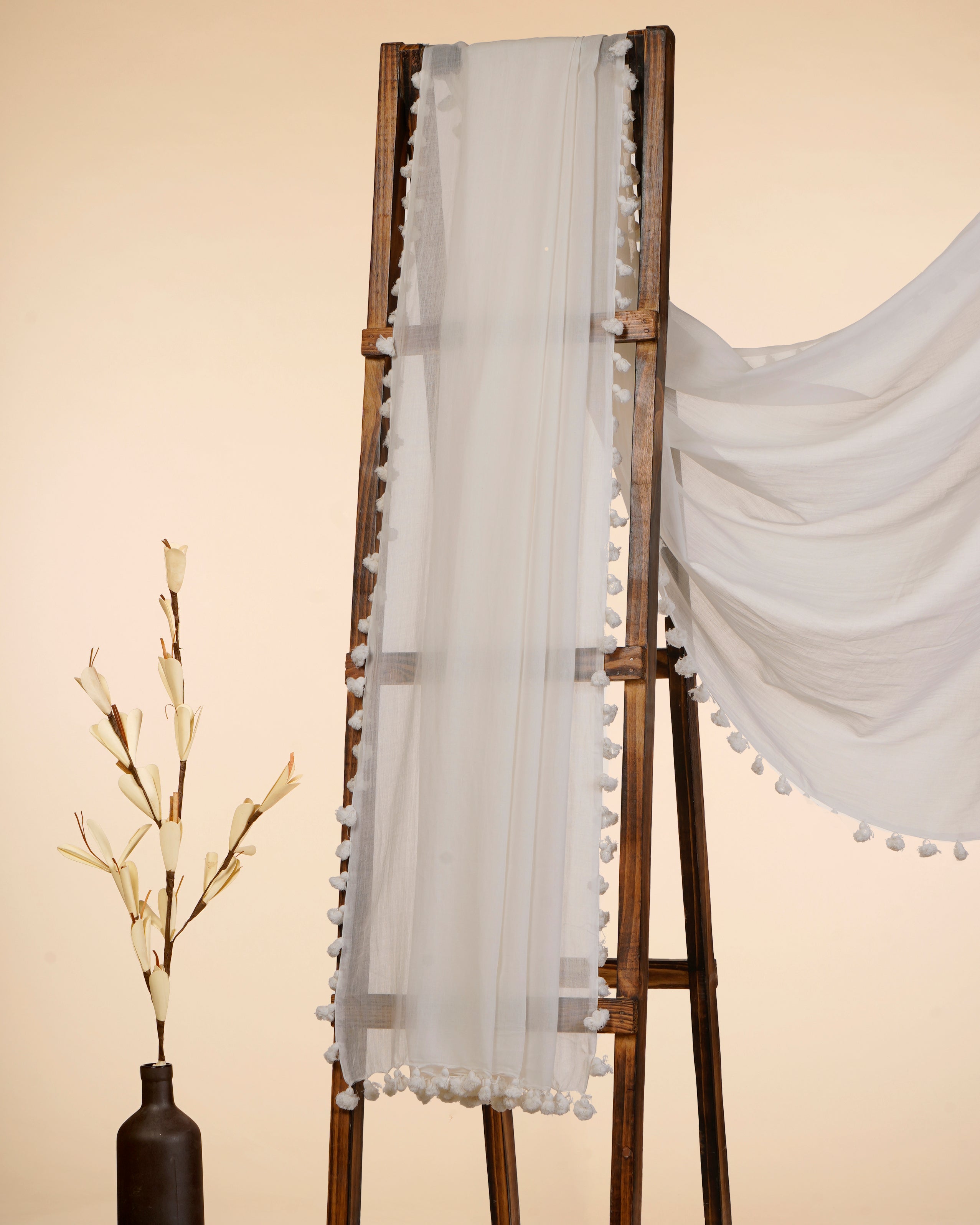 White Color Handwoven Pure Cotton Dupatta with Tassels
