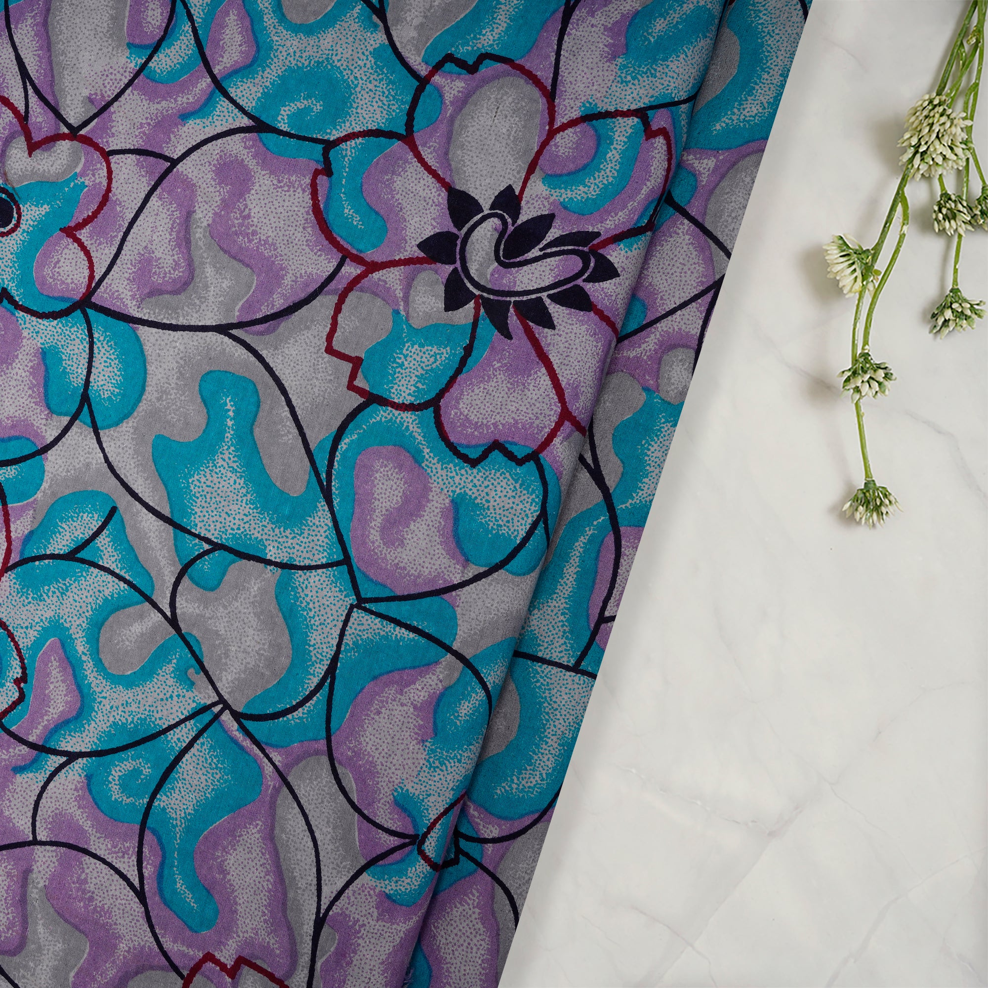Blue-Purple Color Printed Noile Silk Fabric