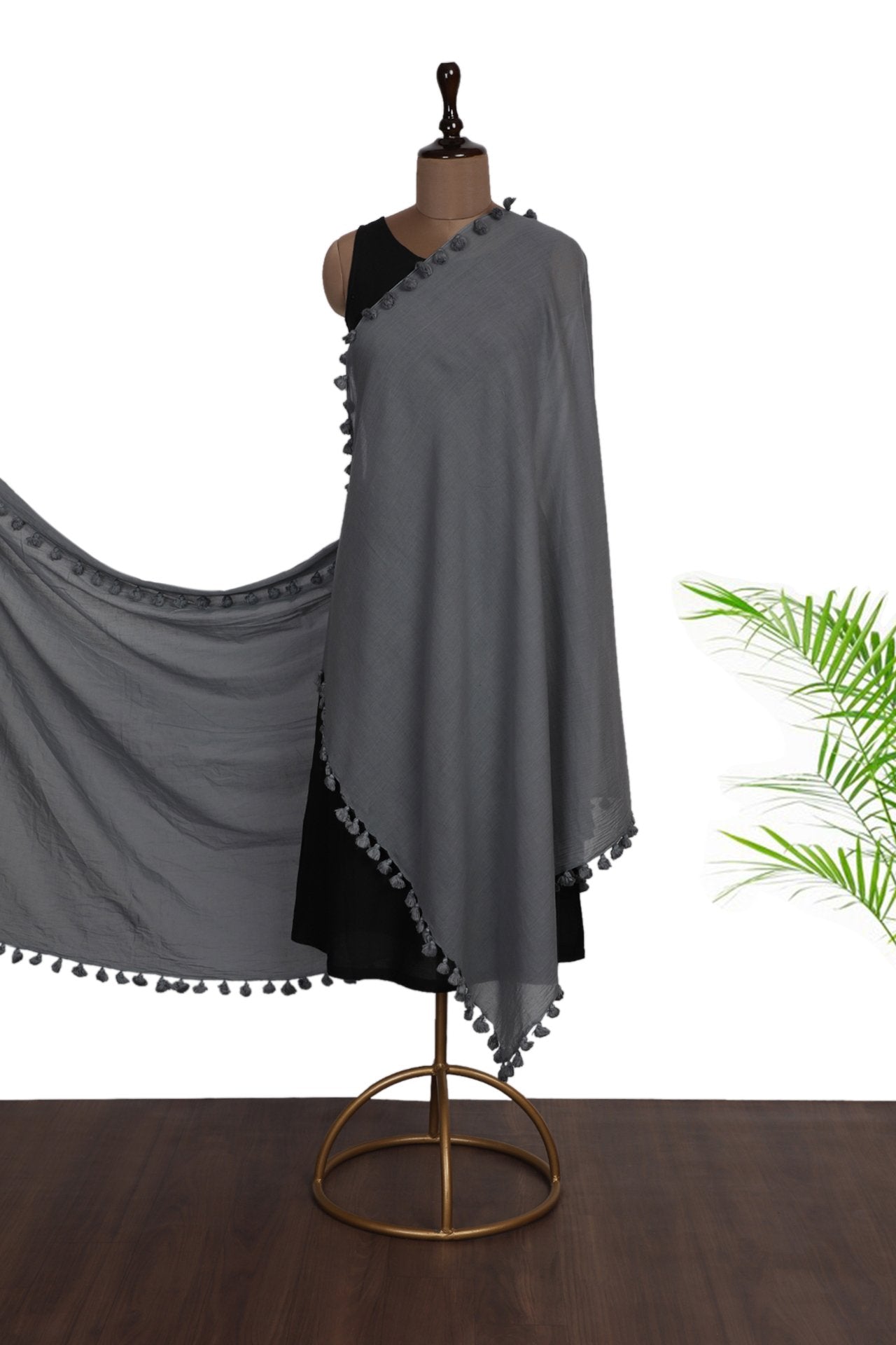 Grey Color Pure Cotton Dupatta with Tassels