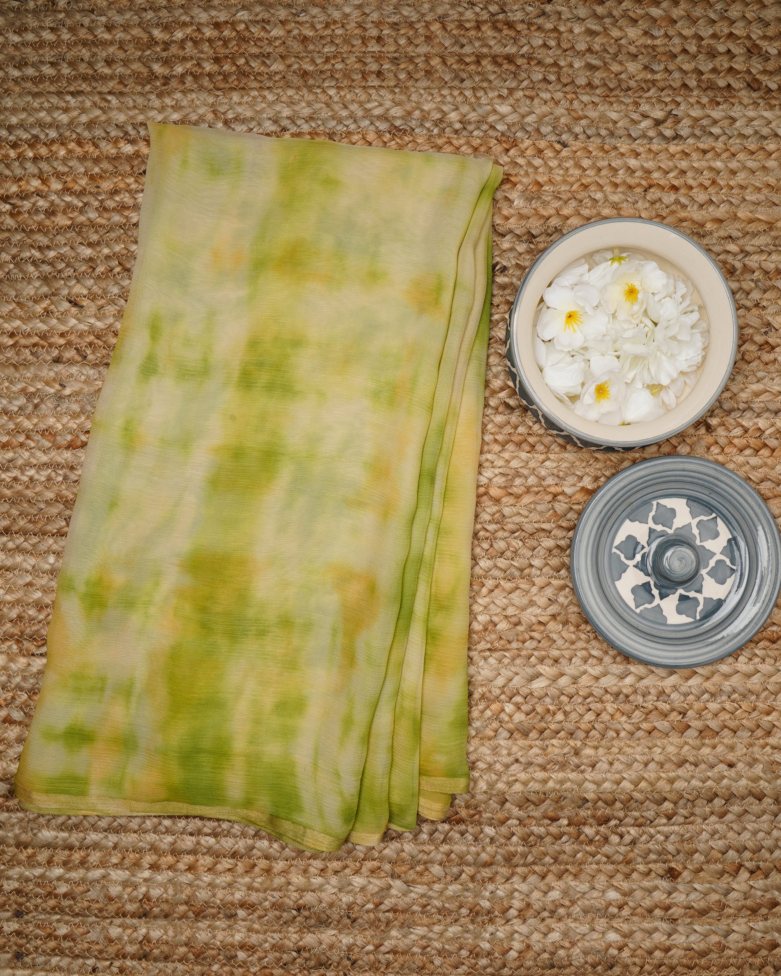 Green-Yellow Color Hand Tie-Dye Chiffon Silk Dupatta