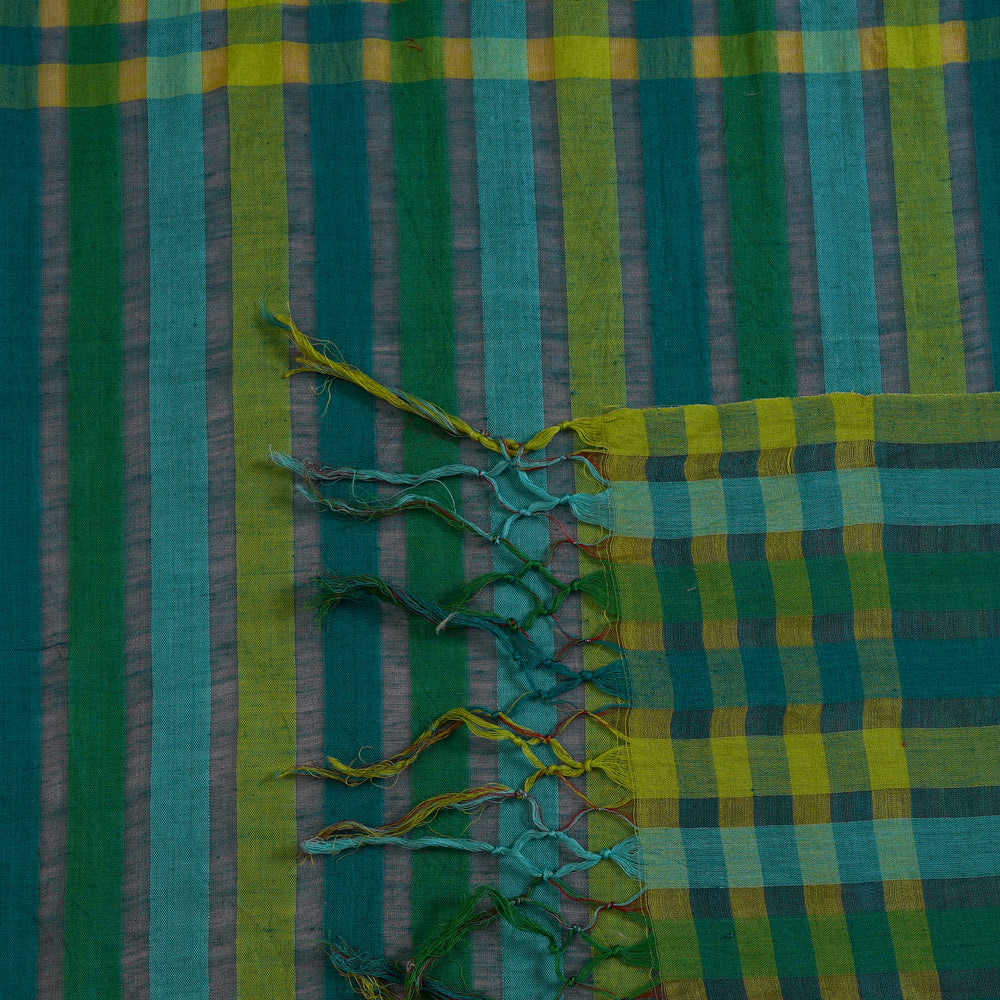 Green-Yellow Color Handwoven Striped Cotton Silk Dupatta with Tassels