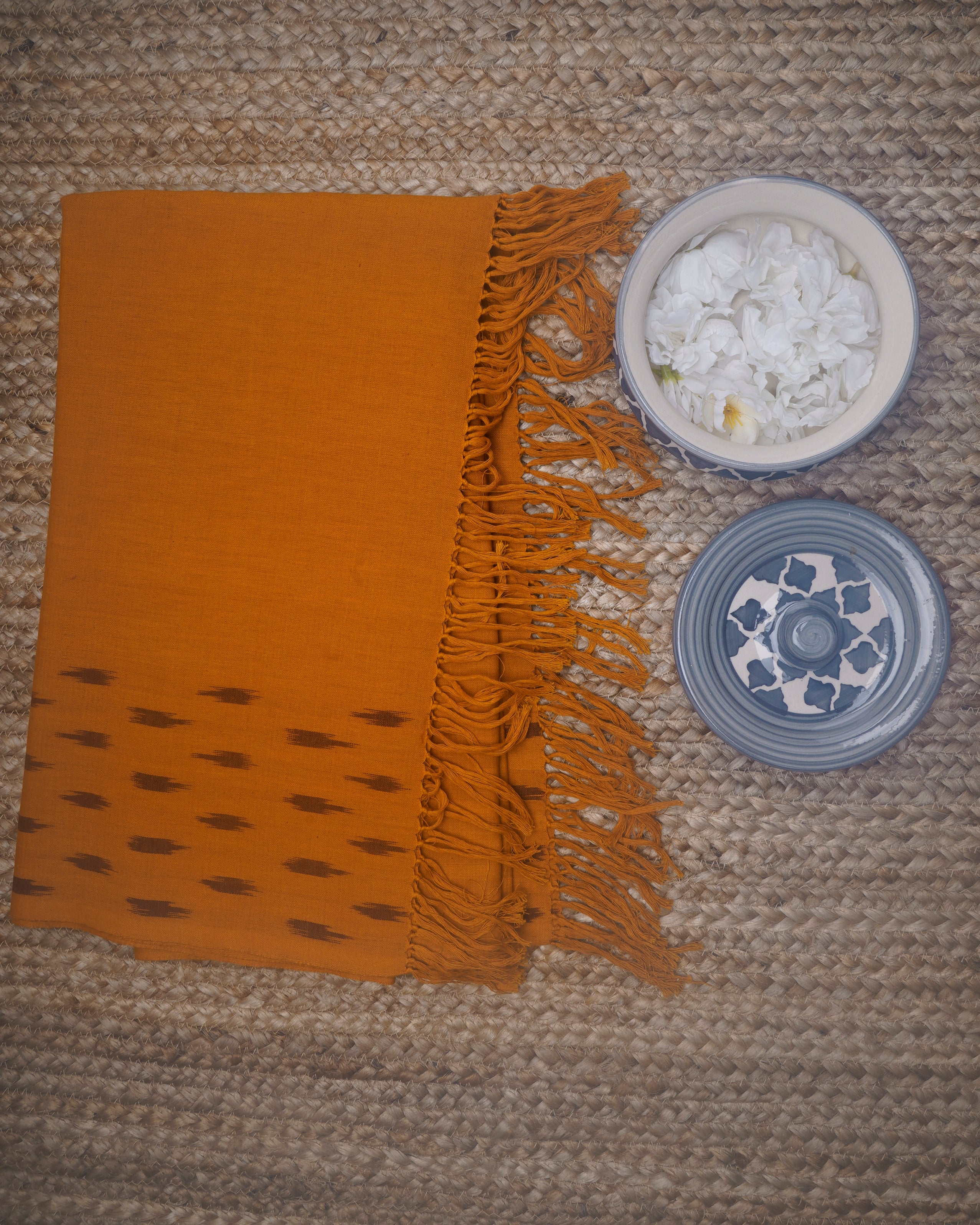 Orange Color Handwoven Ikat Cotton Dupatta With Tassels