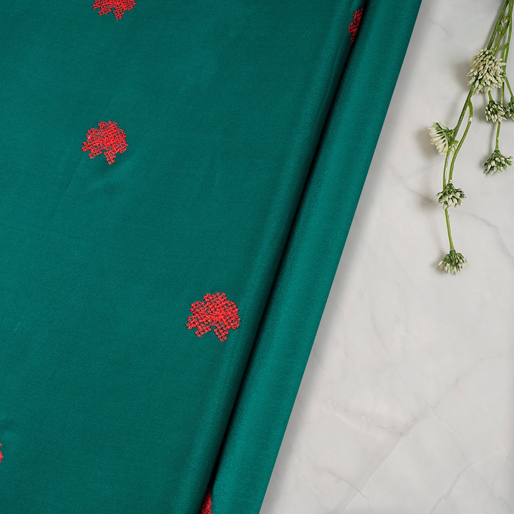 Green-Red Color Embroidered Crepe Silk Fabric