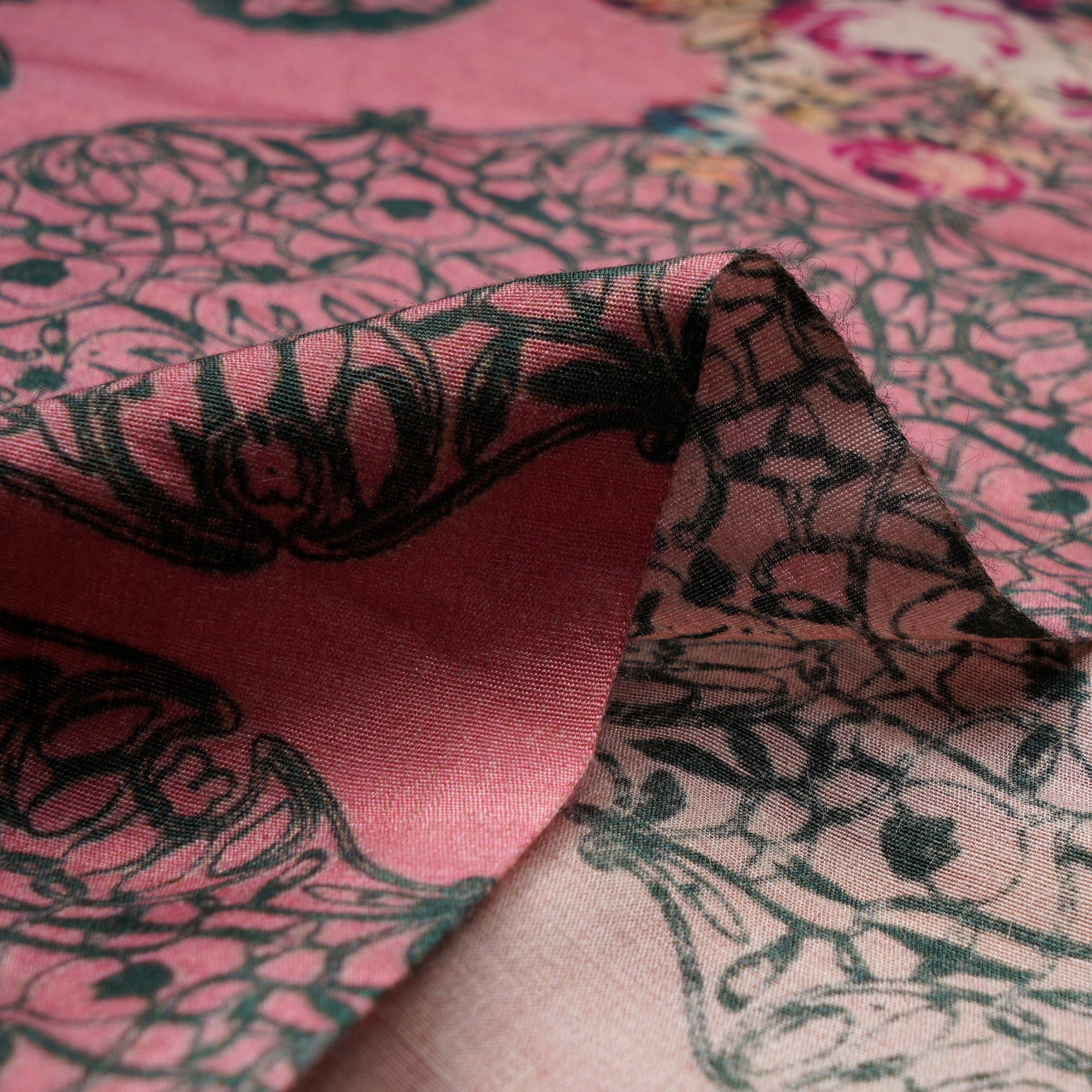 Pink-Black Color Digital Printed Tussar Chanderi Fabric