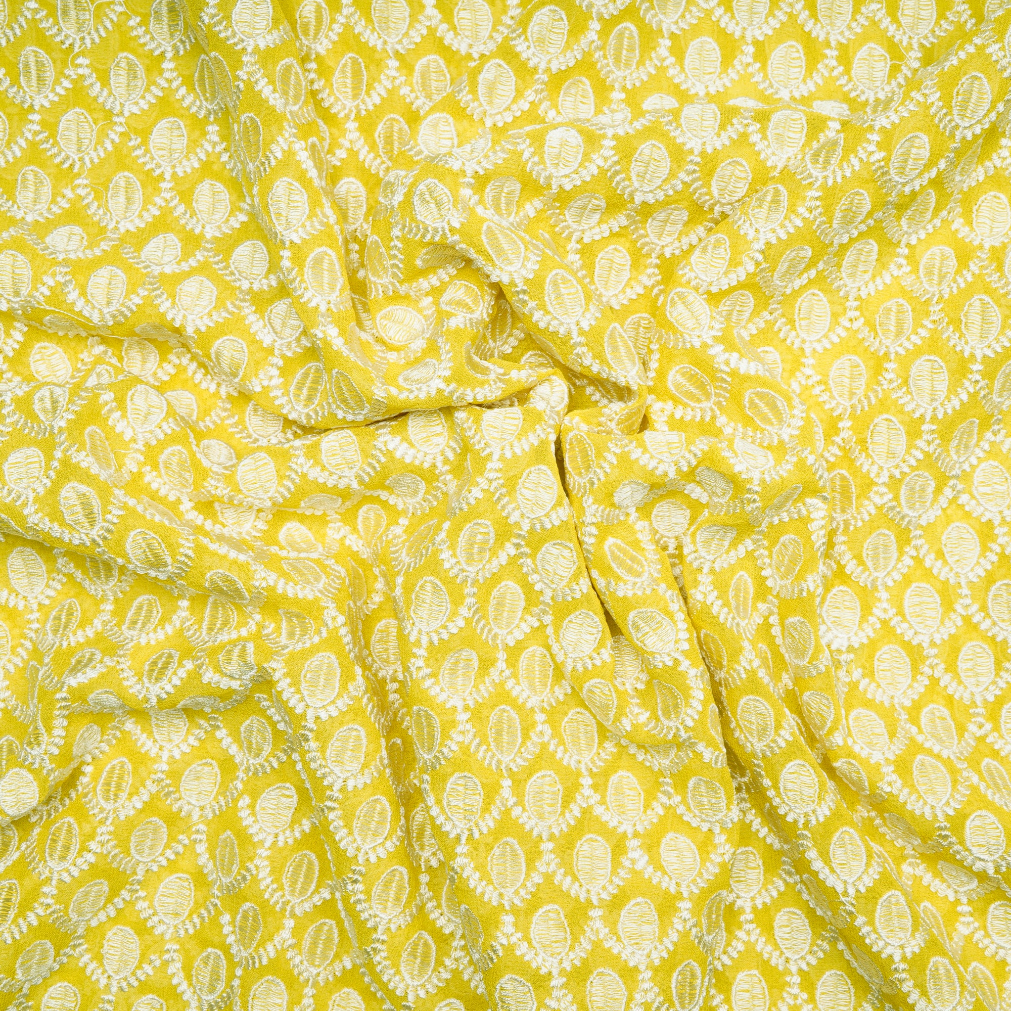 Yellow-White Color Embroidered Georgette Fabric