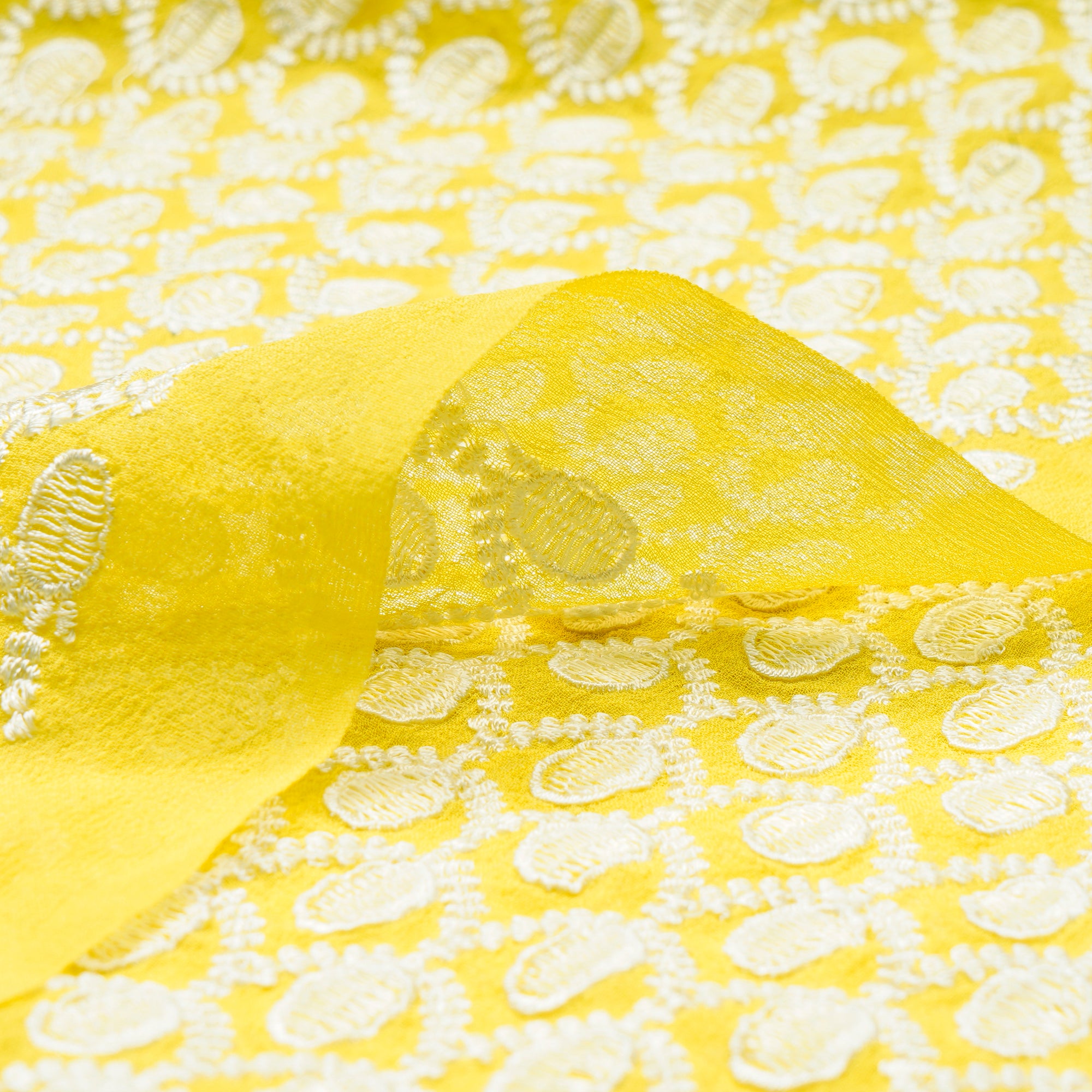 Yellow-White Color Embroidered Georgette Fabric