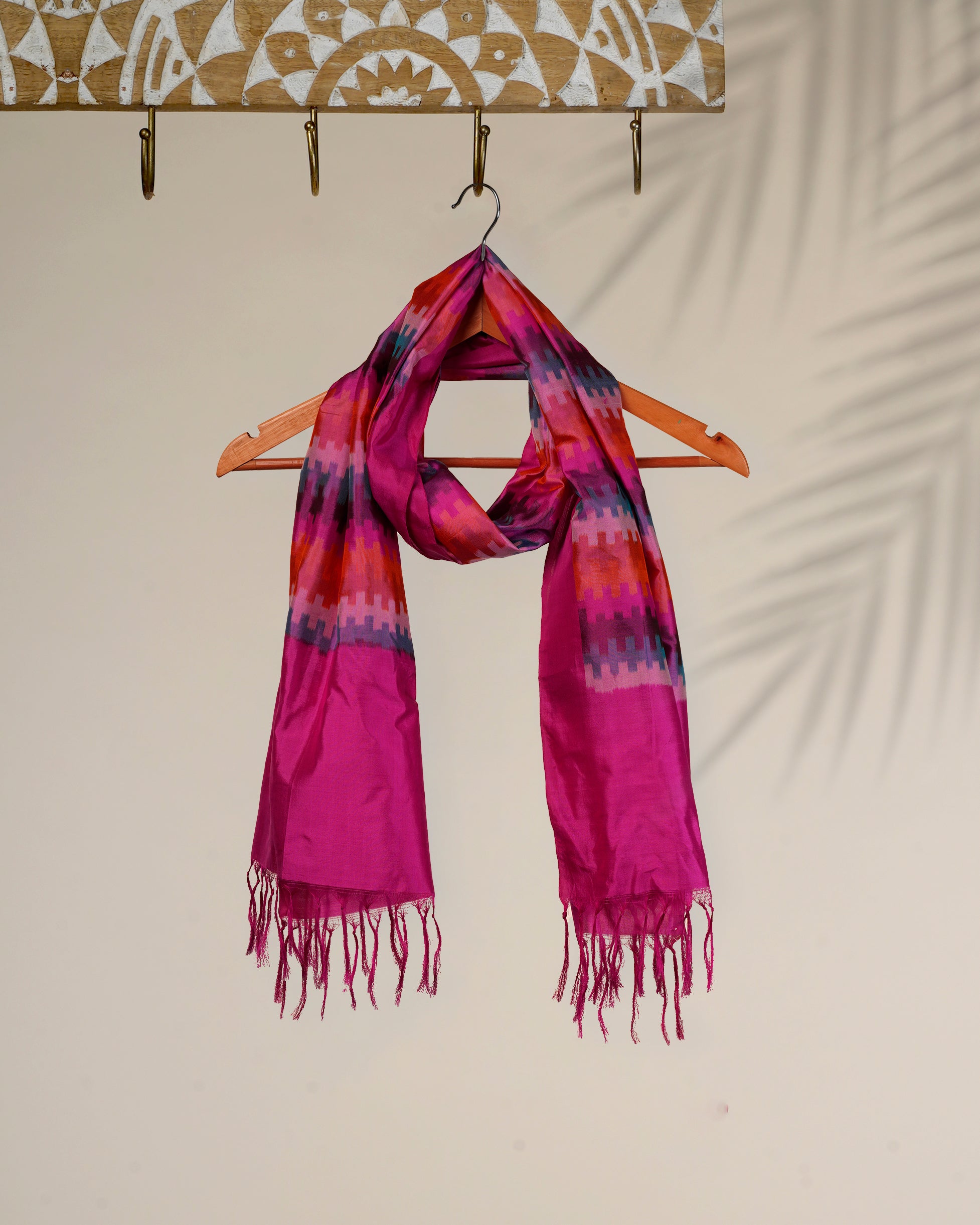 Pink Color Handwoven Ikat Silk Stole with Tassels