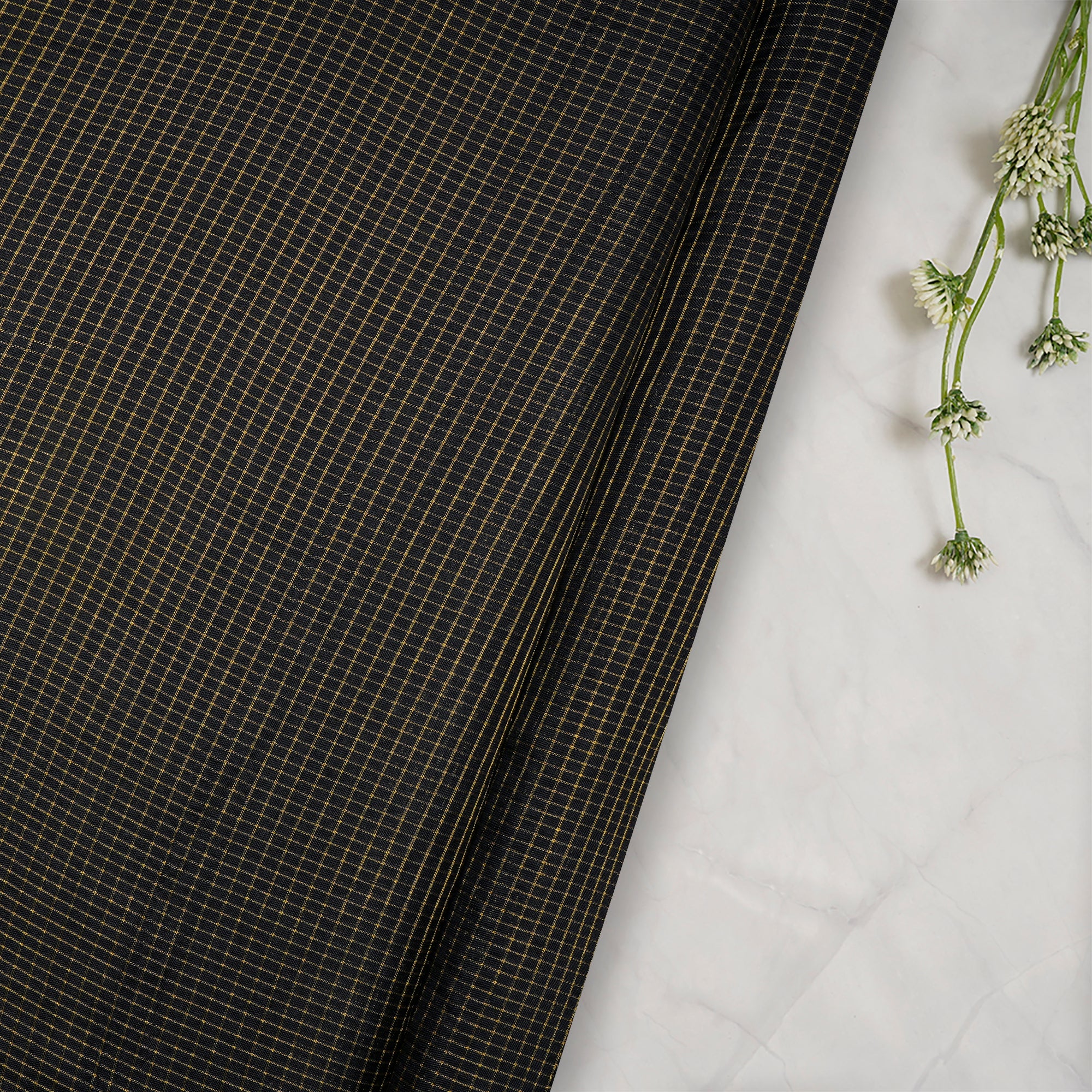 Black Yarn Dyed Two Tone Zari Check Pattern Fancy Pure Silk Fabric
