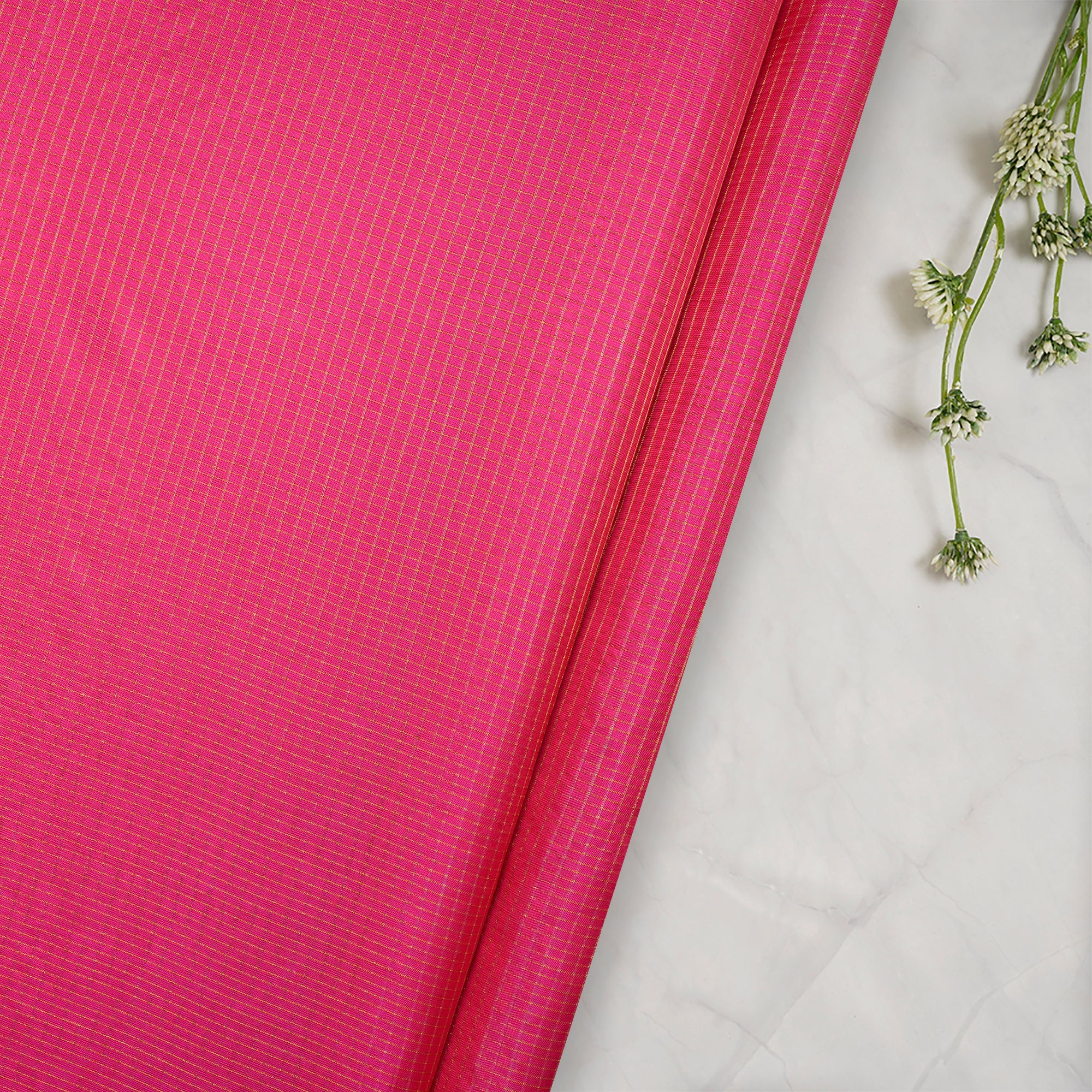 Bright Pink Yarn Dyed Two Tone Zari Check Pattern Fancy Pure Silk Fabric