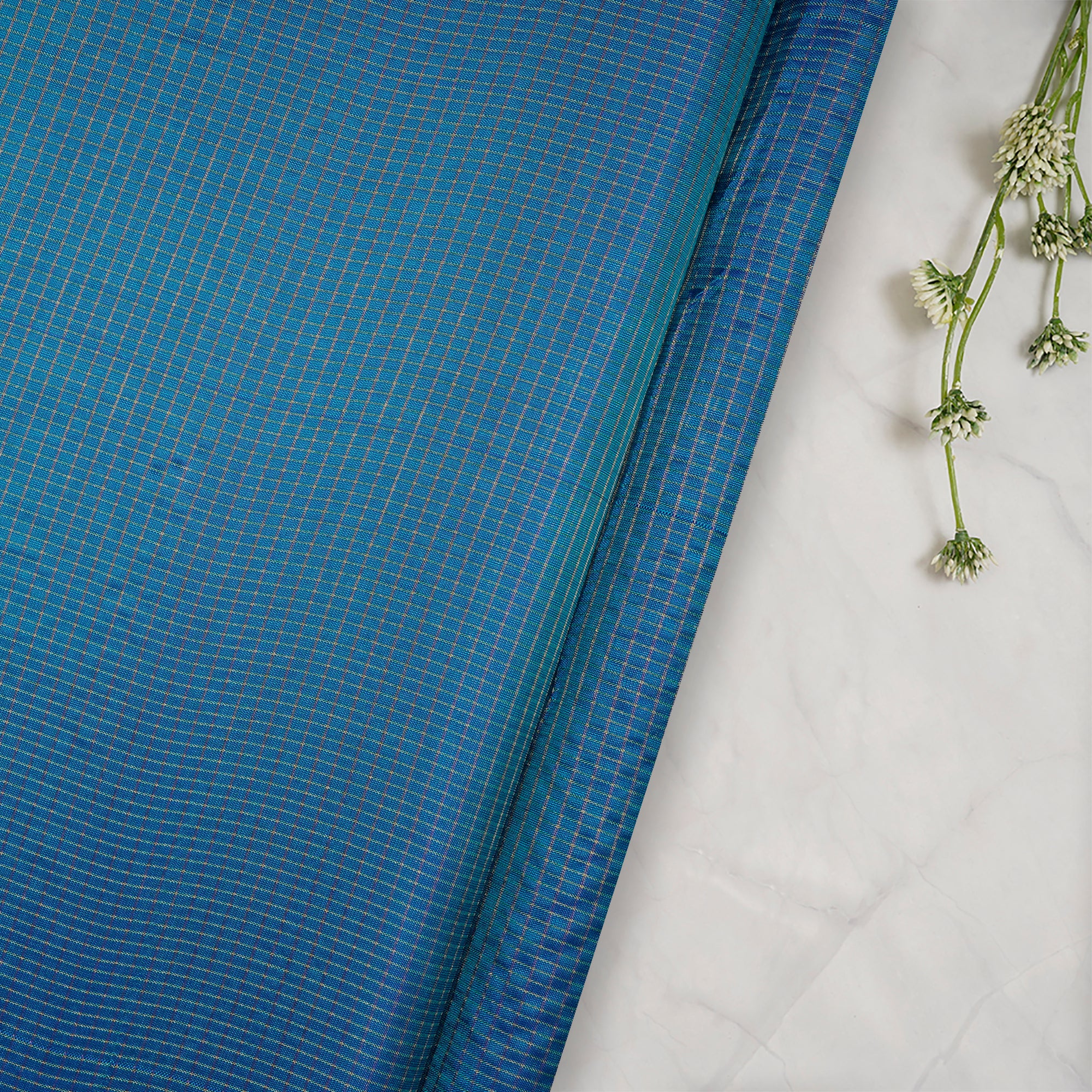 Turquoise Blue Yarn Dyed Two Tone Zari Check Pattern Fancy Pure Silk Fabric