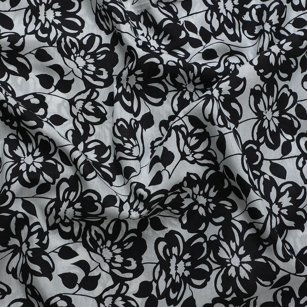 Black-White Color Printed Muslin Cotton Silk Fabric