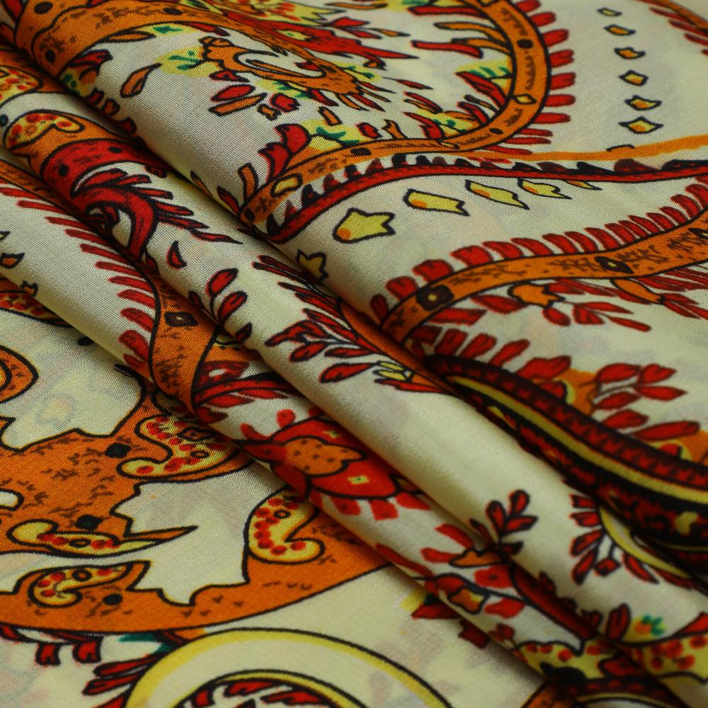 Yellow-Red Color Printed Crepe Silk Fabric