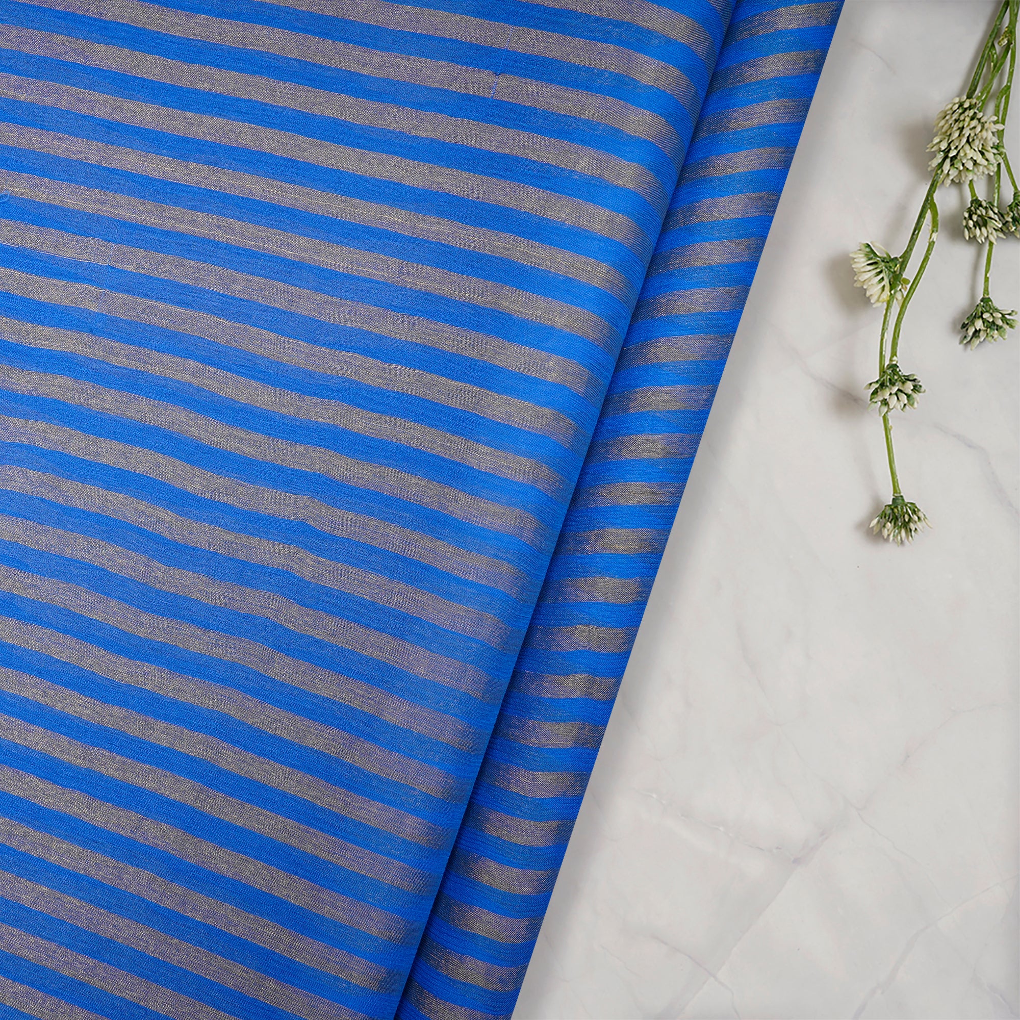 Blue-Golden Color Striped Chiffon Silk Fabric